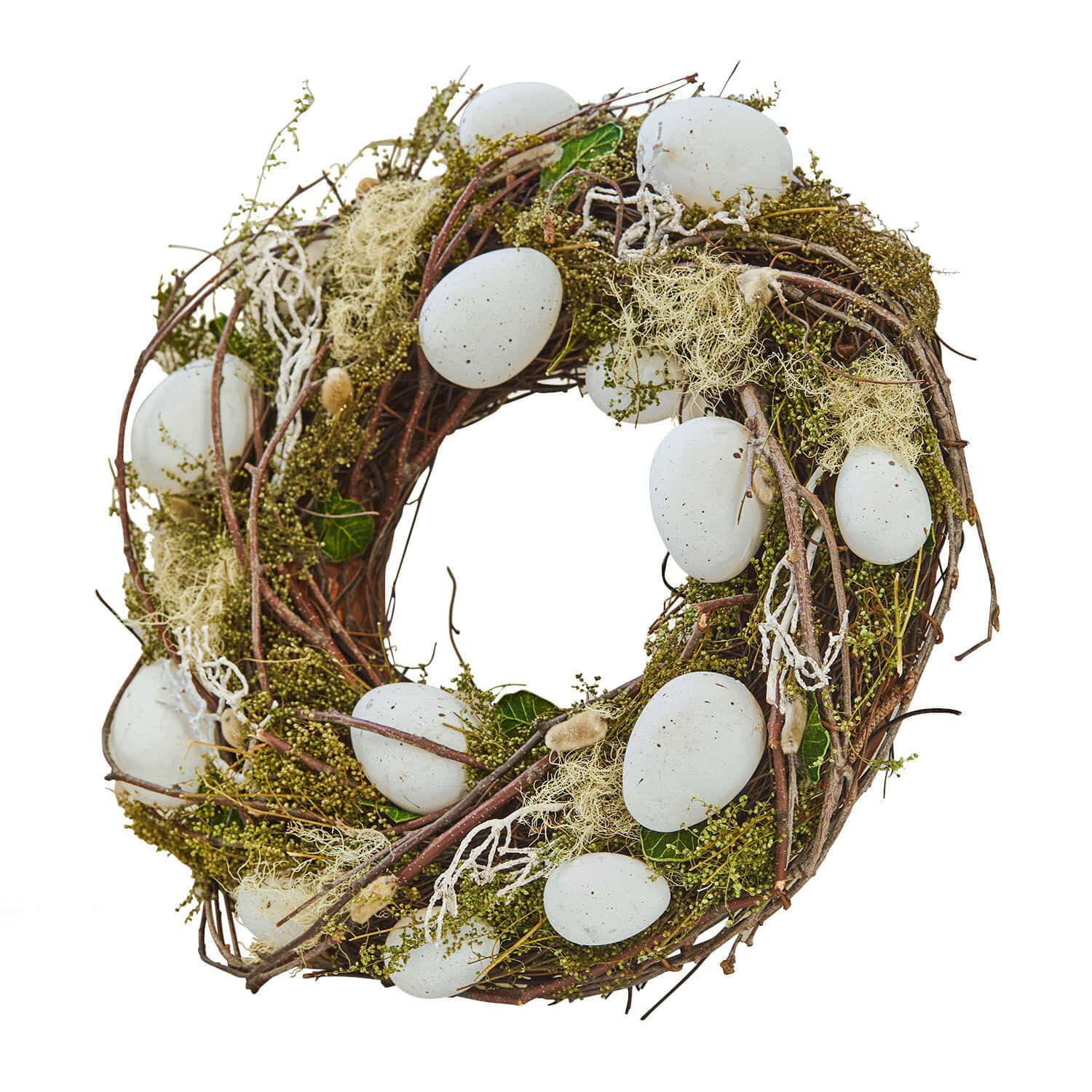 Krans Lune Decoratieve krans van takken met witte eieren en groene accenten voor lentebehang