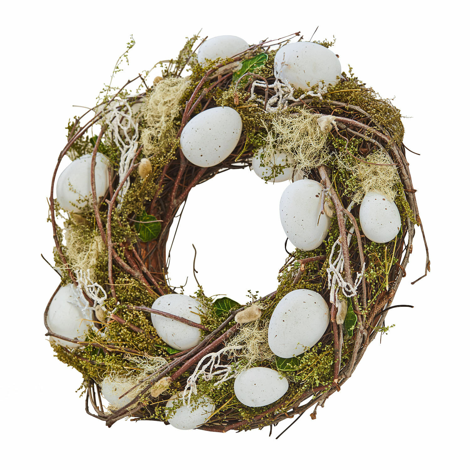 Krans Lune Decoratieve krans van takken met witte eieren en groene accenten voor lentebehang