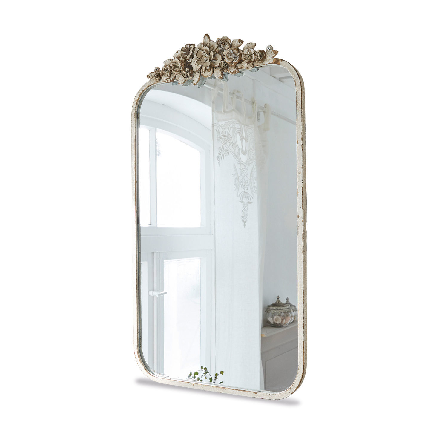 Spiegel Veilleures Wandspiegel met witte, verouderde lijst en bloemendecoratie in vintage stijl voor woonkamer