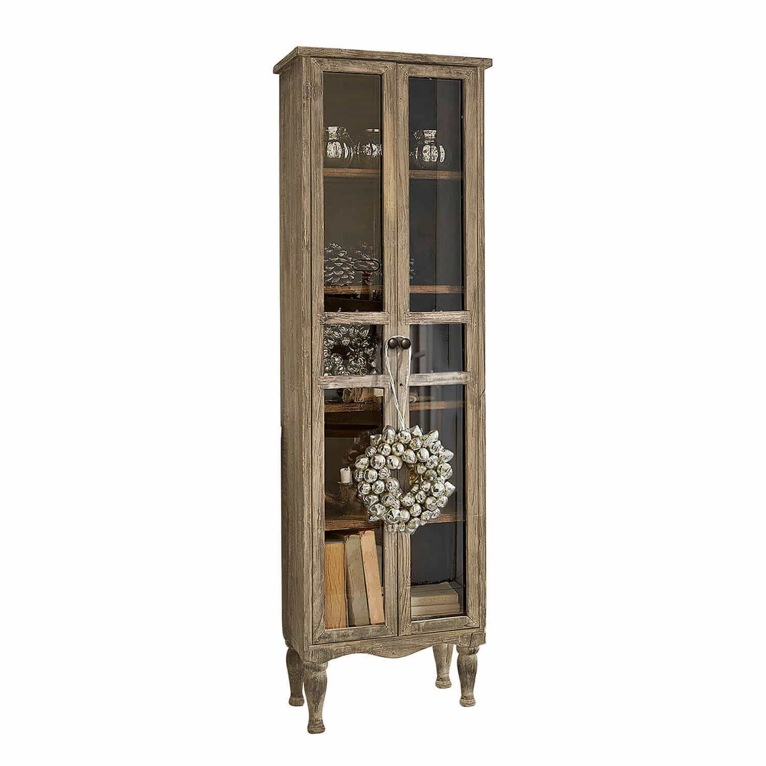 Kast Covent Garden Smalle houten vitrinekast met glazen deuren en decoratieve krans, rustiek meubelstuk