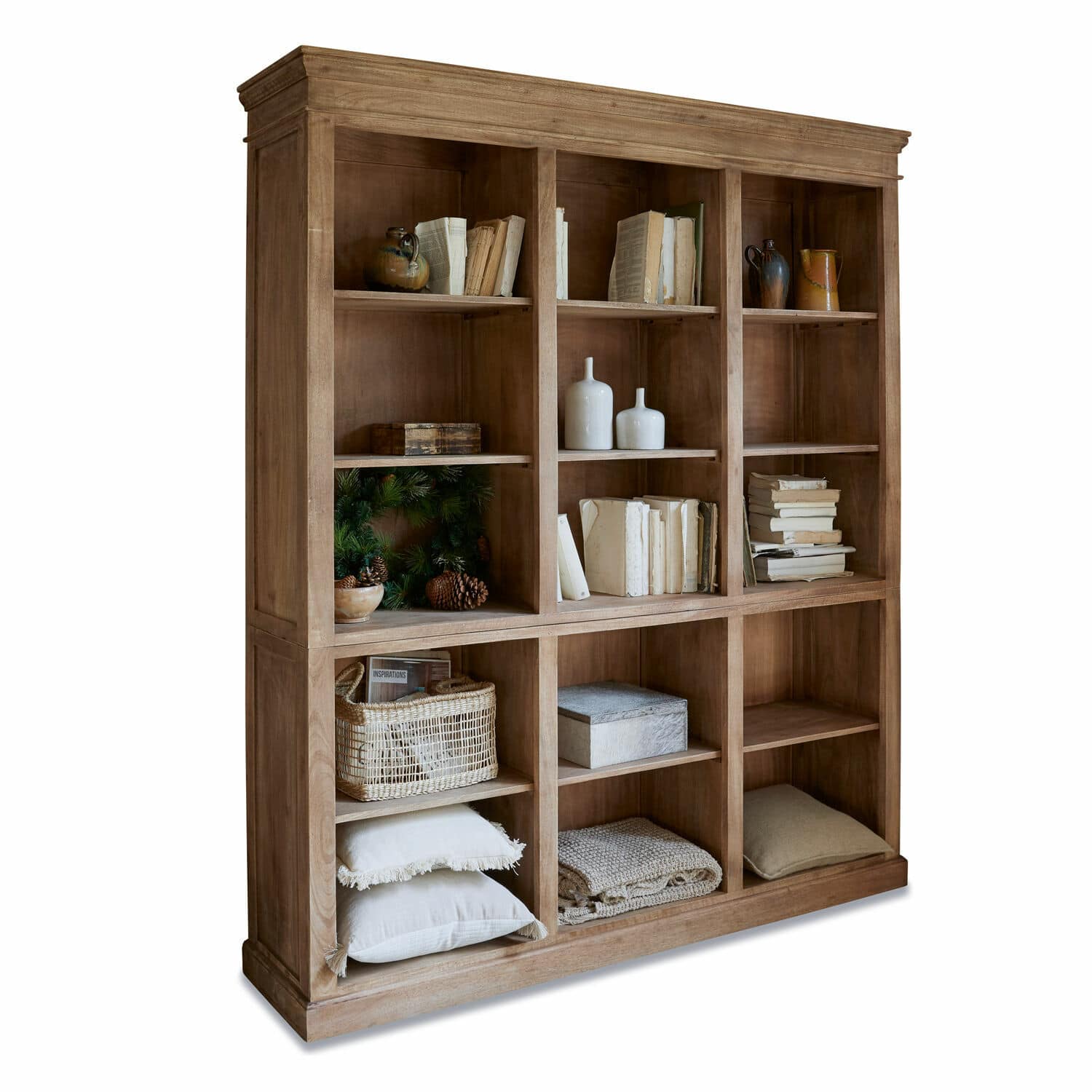 Kast Alamoni Grote houten kast in natuurlijke kleur met negen vakken, decoraties en boeken, woonkamermeubel