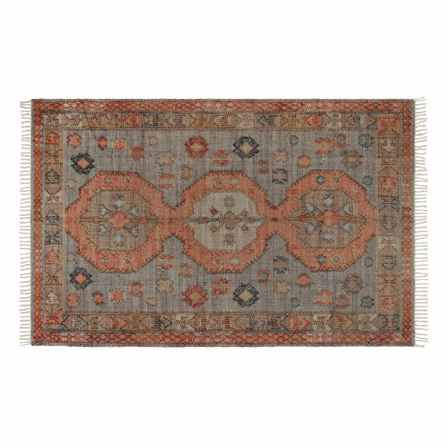 Vloerkleed Exeter Vintage vloerkleed met grijs-oranje patroon en franjes aan de zijkanten