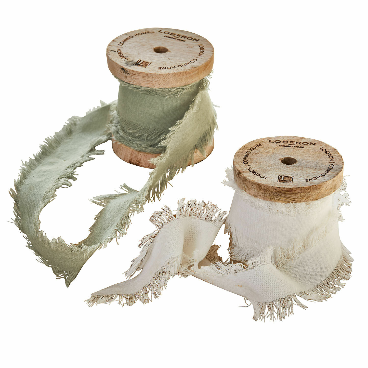 Lint set van 2 Valethor Twee houten spoelen met groene en crèmekleurige katoenen linten met rafelige randen voor decoratie