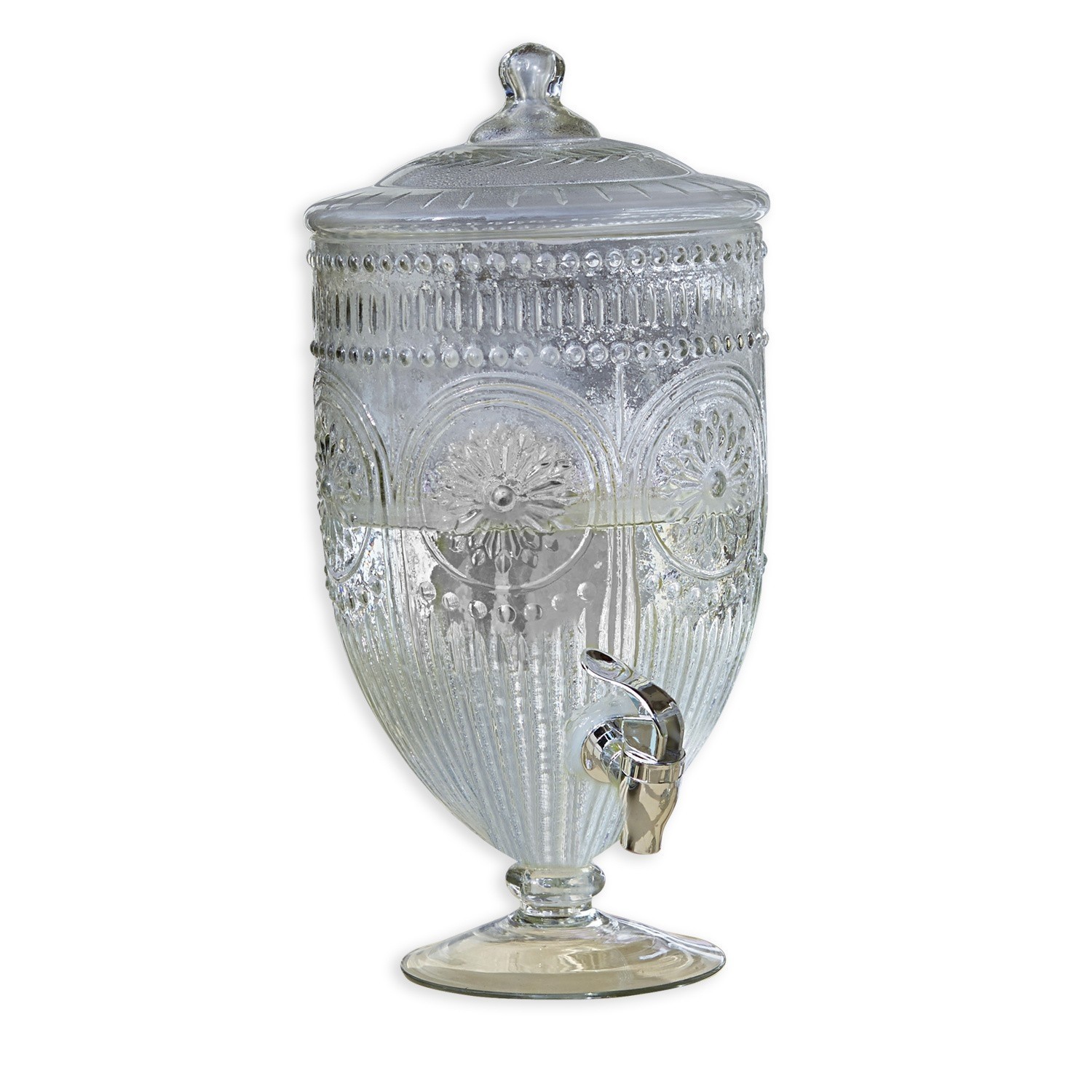 Drankdispenser Mercure Glazen drankdispenser met deksel en chromen kraan, transparant met decoratief patroon