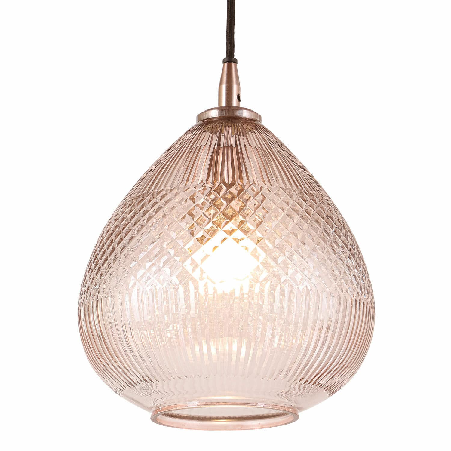 Hanglamp Drélinette Glazen hanglamp met koperen afwerking en diamantpatroon, decoratieve plafondlamp