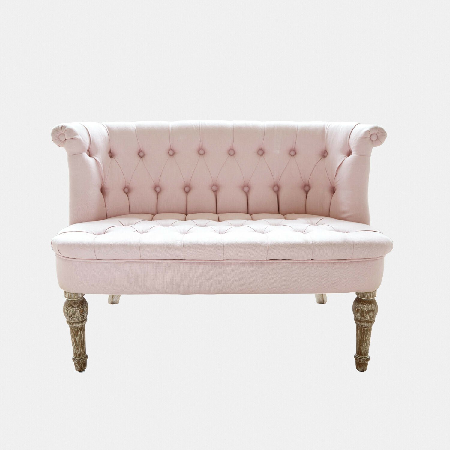 roze Roze gestoffeerde Weralin bank met houten poten, elegante woonkamermeubel