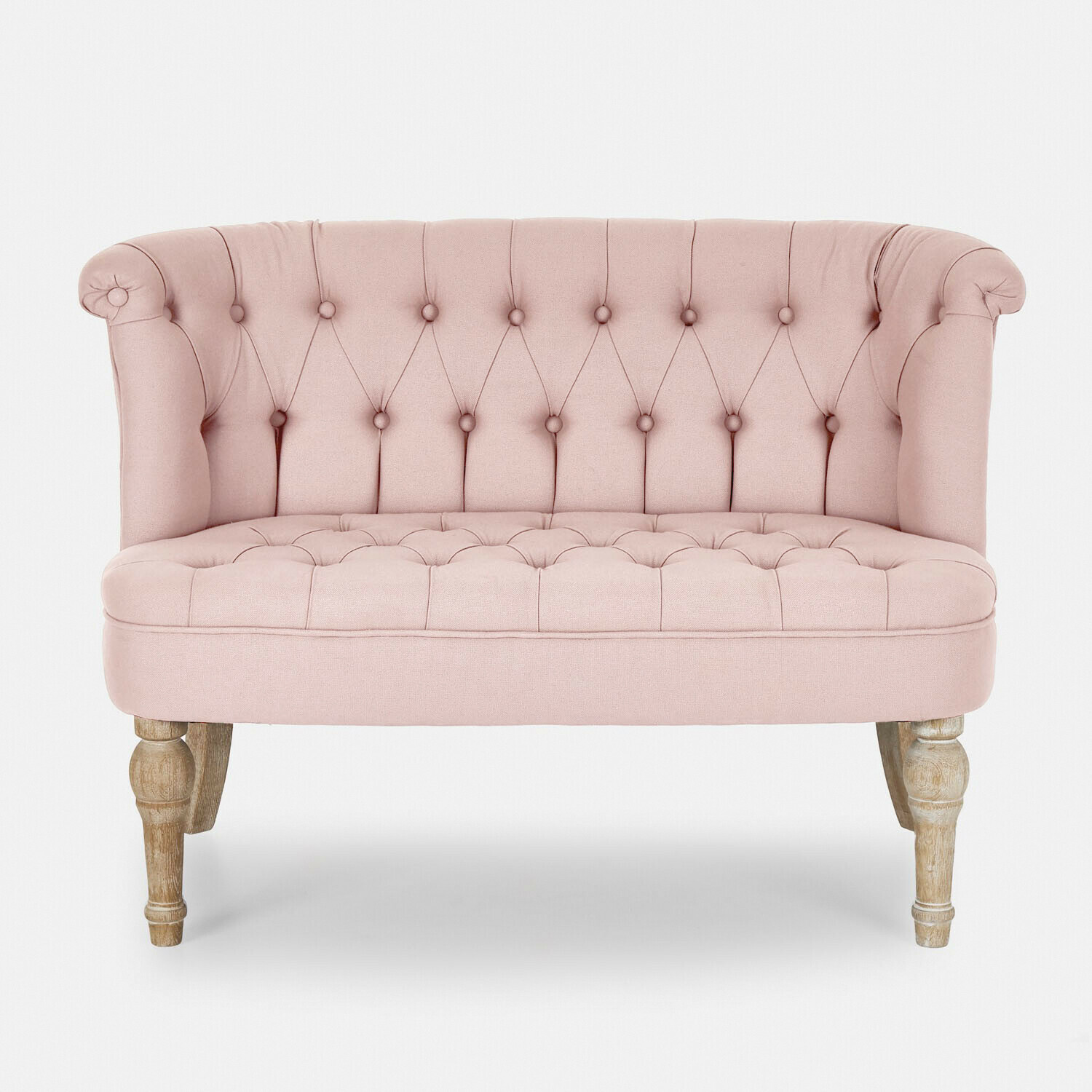 Roze gestoffeerde Weralin bank met houten poten, elegante woonkamermeubel