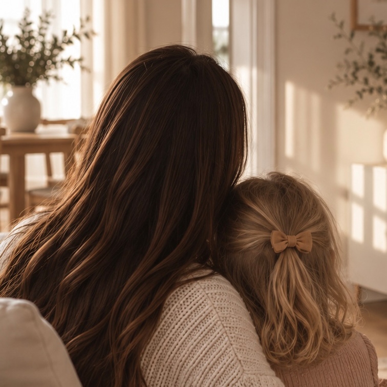 Vrouw met lang bruin haar en kind met blond haar en strik in een gezellige kamer