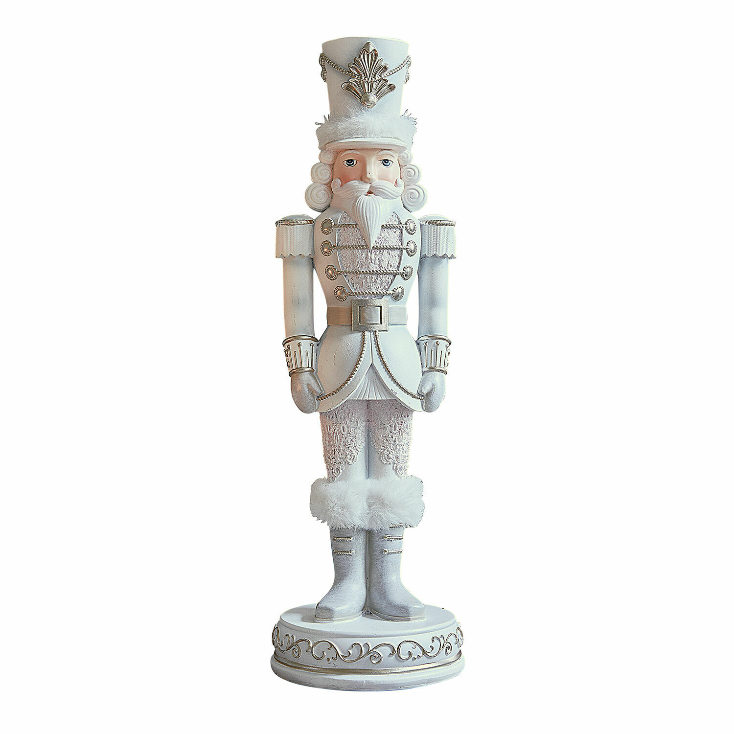 Siernotenkraker Moriette Witte houten notenkraker met bontdetails en gouden versieringen, feestelijke kerstdecoratie