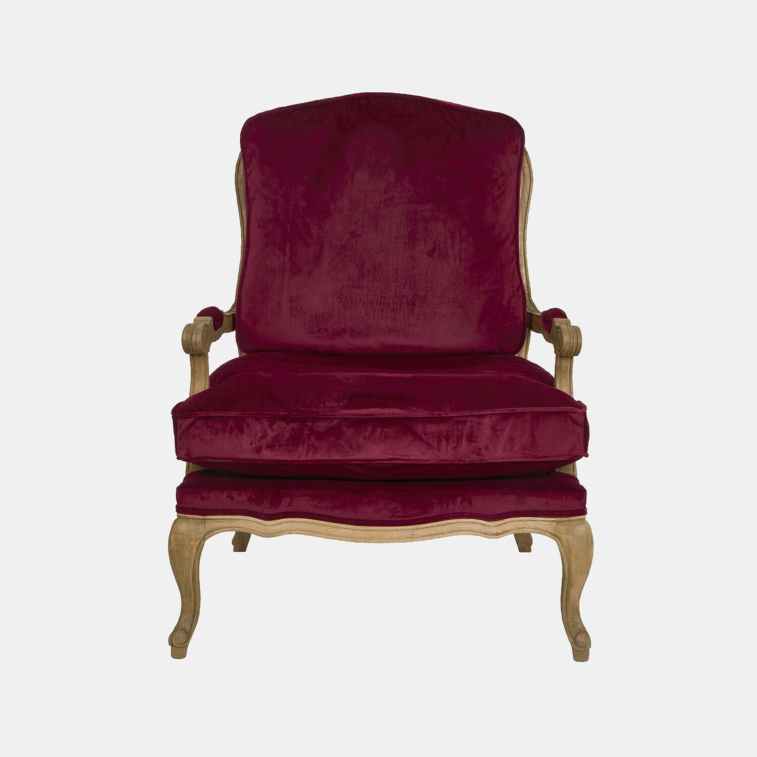bordeaux/bruin Fauteuil Corlay met bordeauxrode fluwelen bekleding en bruine houten frame, elegante zitmeubel