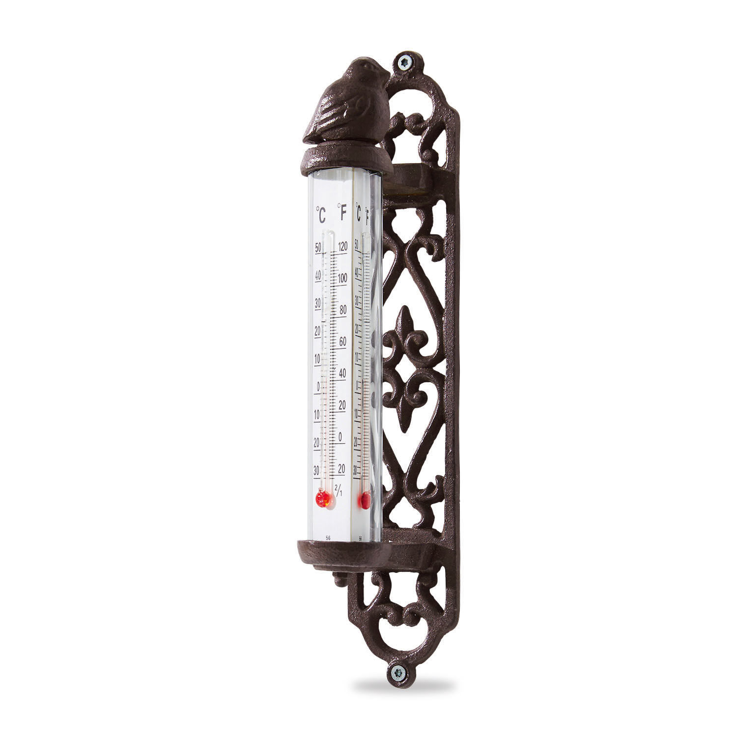 Thermometer Binyamin Decoratieve bruine gietijzeren thermometer met vogelmotief en dubbele temperatuurschaal