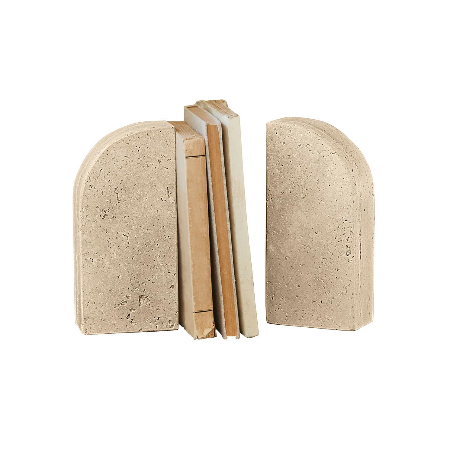 Boekensteun set van 2 Caleneuve Set van twee beige stenen boekensteunen, perfect voor het organiseren en decoreren van planken