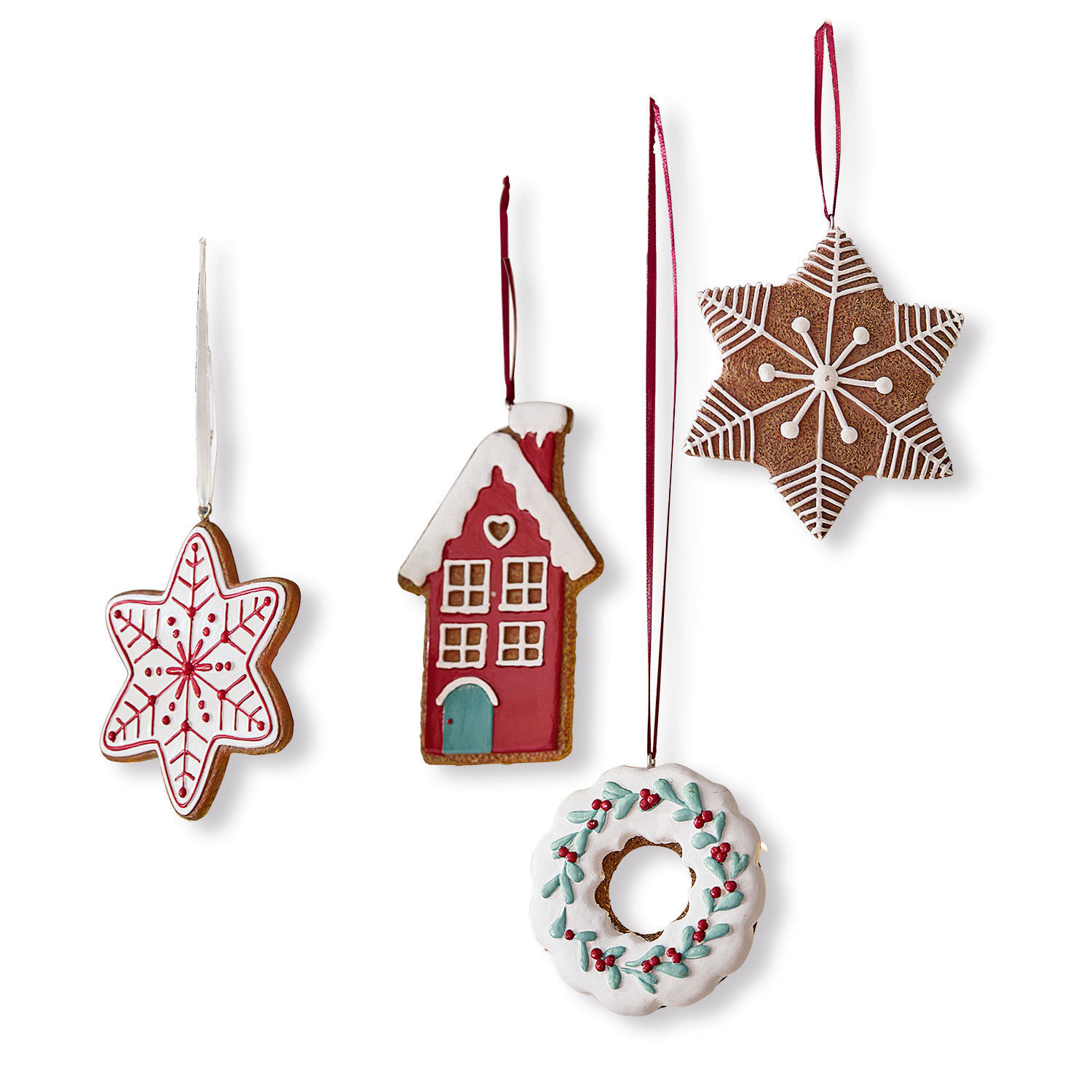 Hanger set van 4 Hestur Set van vier peperkoek kerstversieringen met witte en rode glazuur voor kerstboom