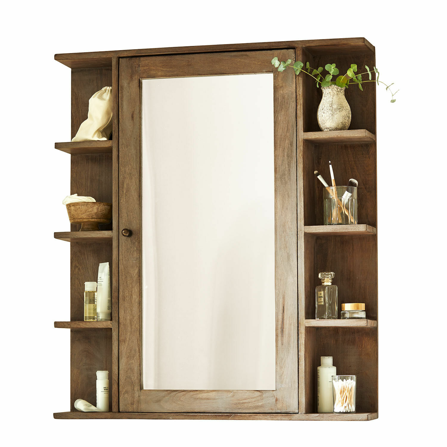 Spiegelkast Greenhaven Houten badkamerkast met spiegel en planken voor cosmetica in natuurlijke bruine kleur