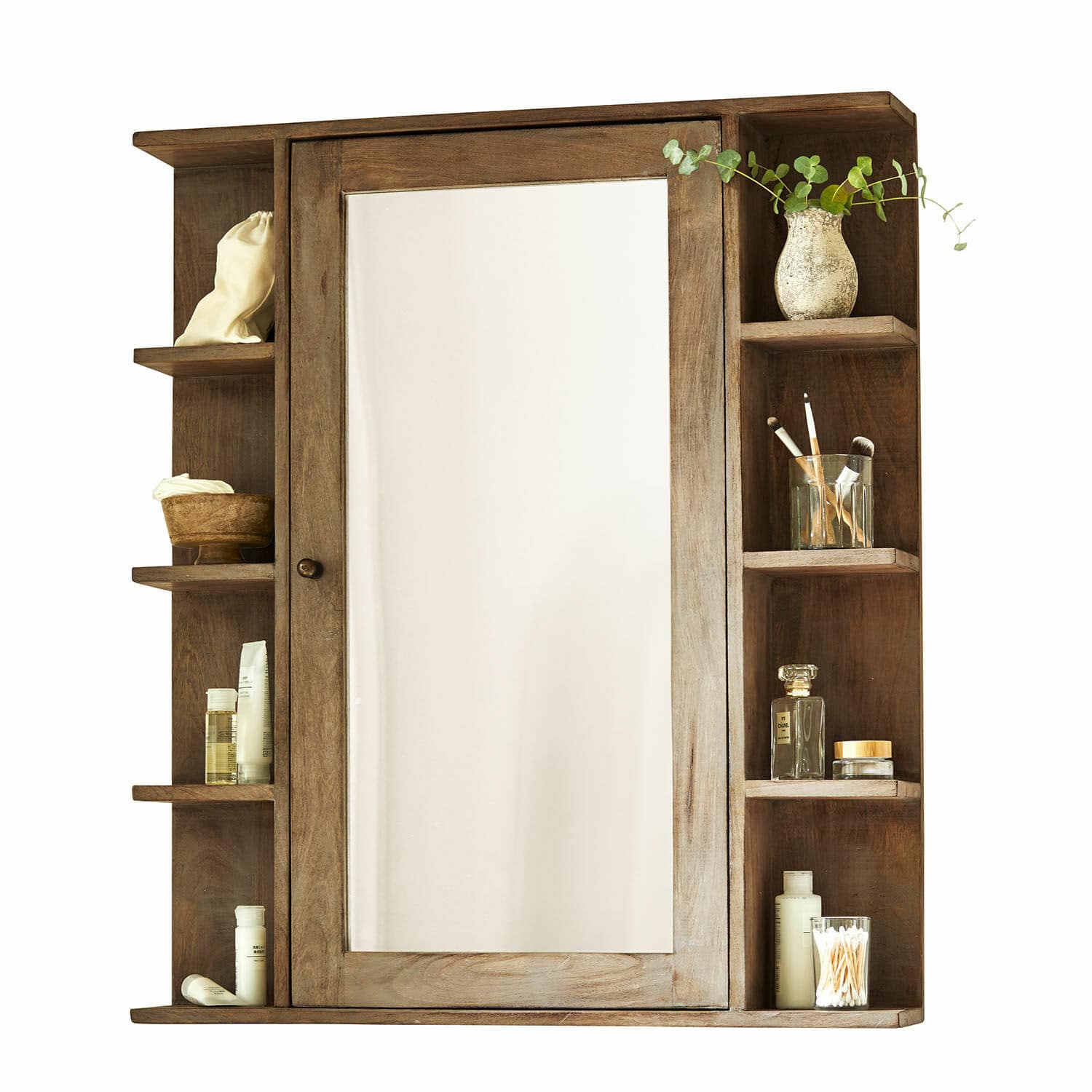 Spiegelkast Greenhaven Houten badkamerkast met spiegel en planken voor cosmetica in natuurlijke bruine kleur