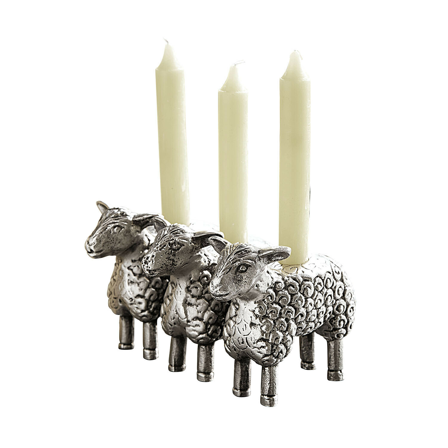 Metalen kandelaar in de vorm van drie schapen met witte kaarsen, decoratie voor binnen