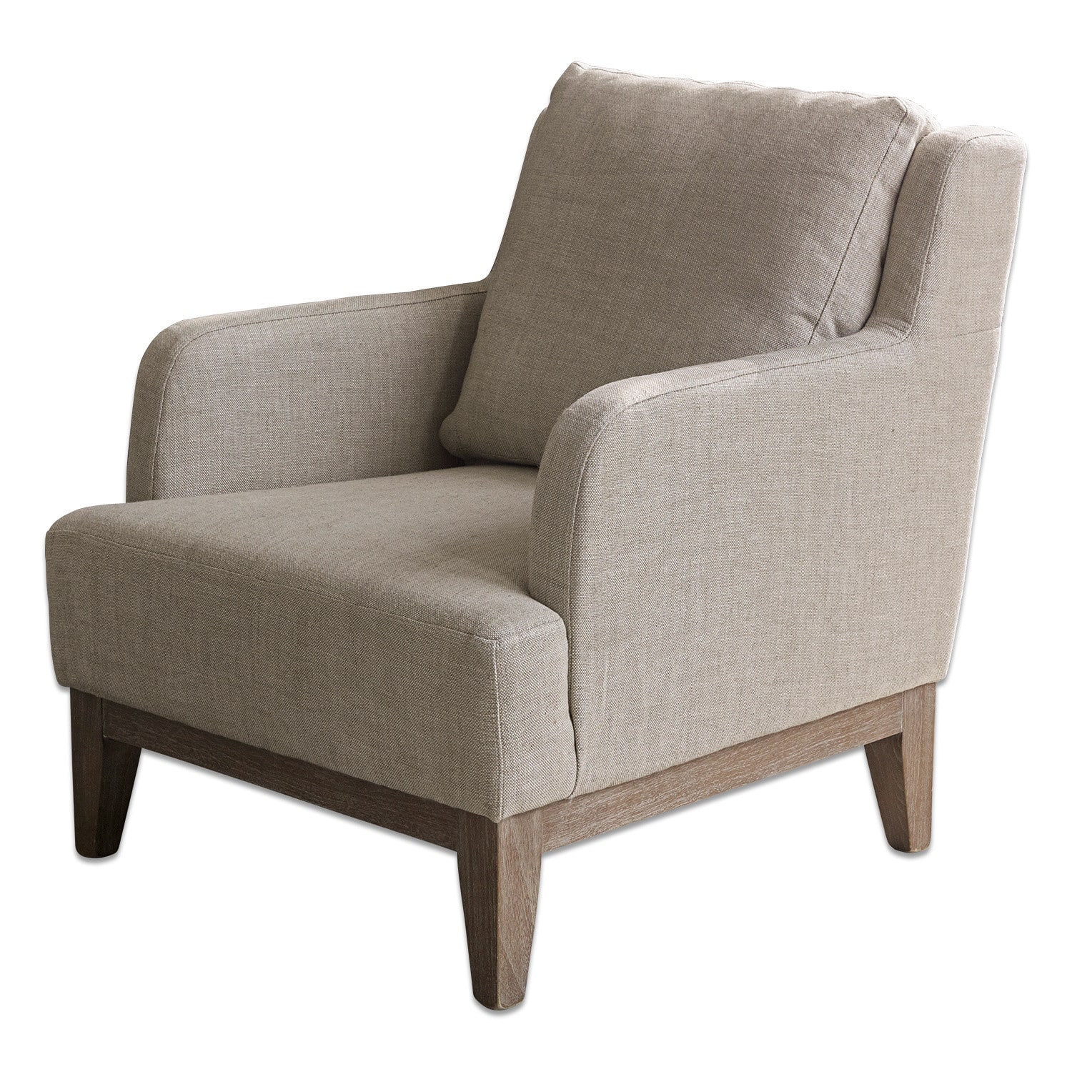 Fauteuil Saunders Beige stoffen fauteuil met houten poten, comfortabele stoel voor woonkamer en ontspanning