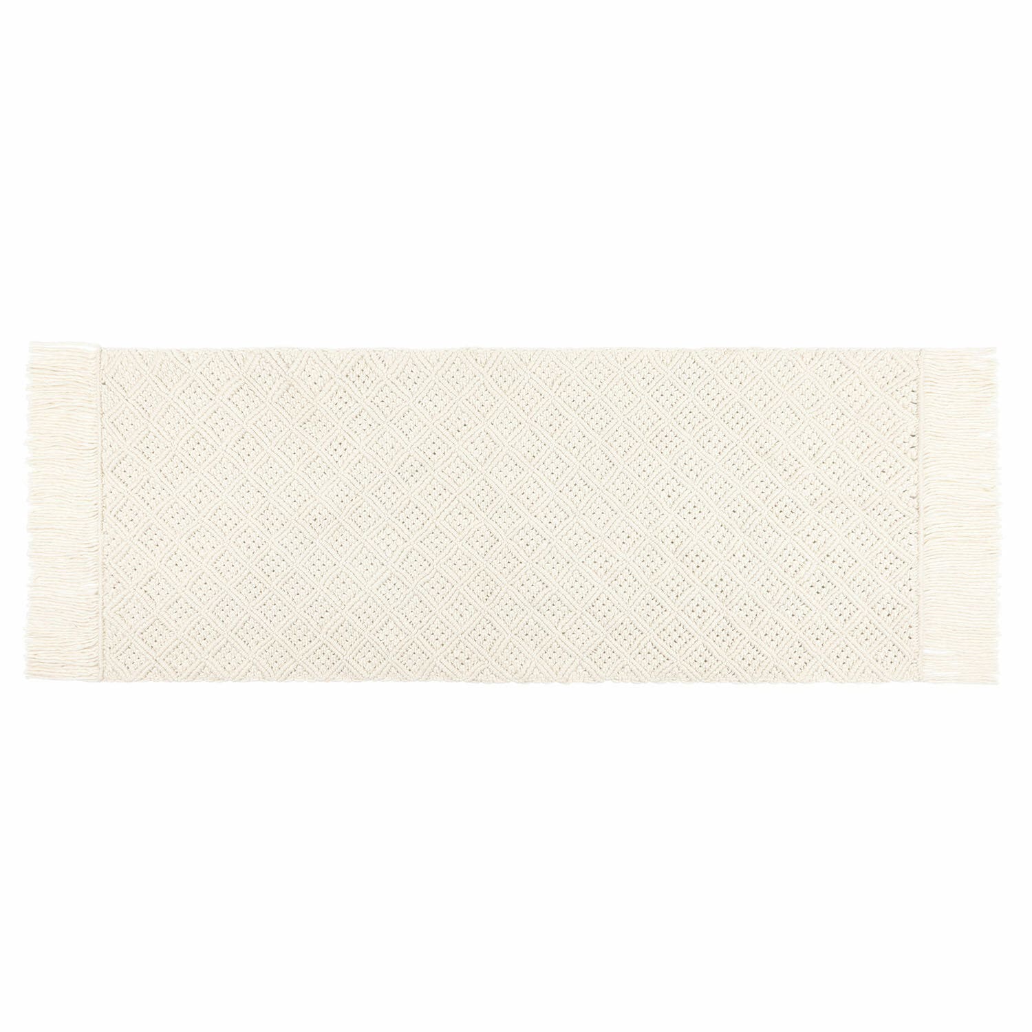 Loper Voué Witte katoenen vloerkleed met franjes en geometrisch patroon, woondecoratie, huistextiel