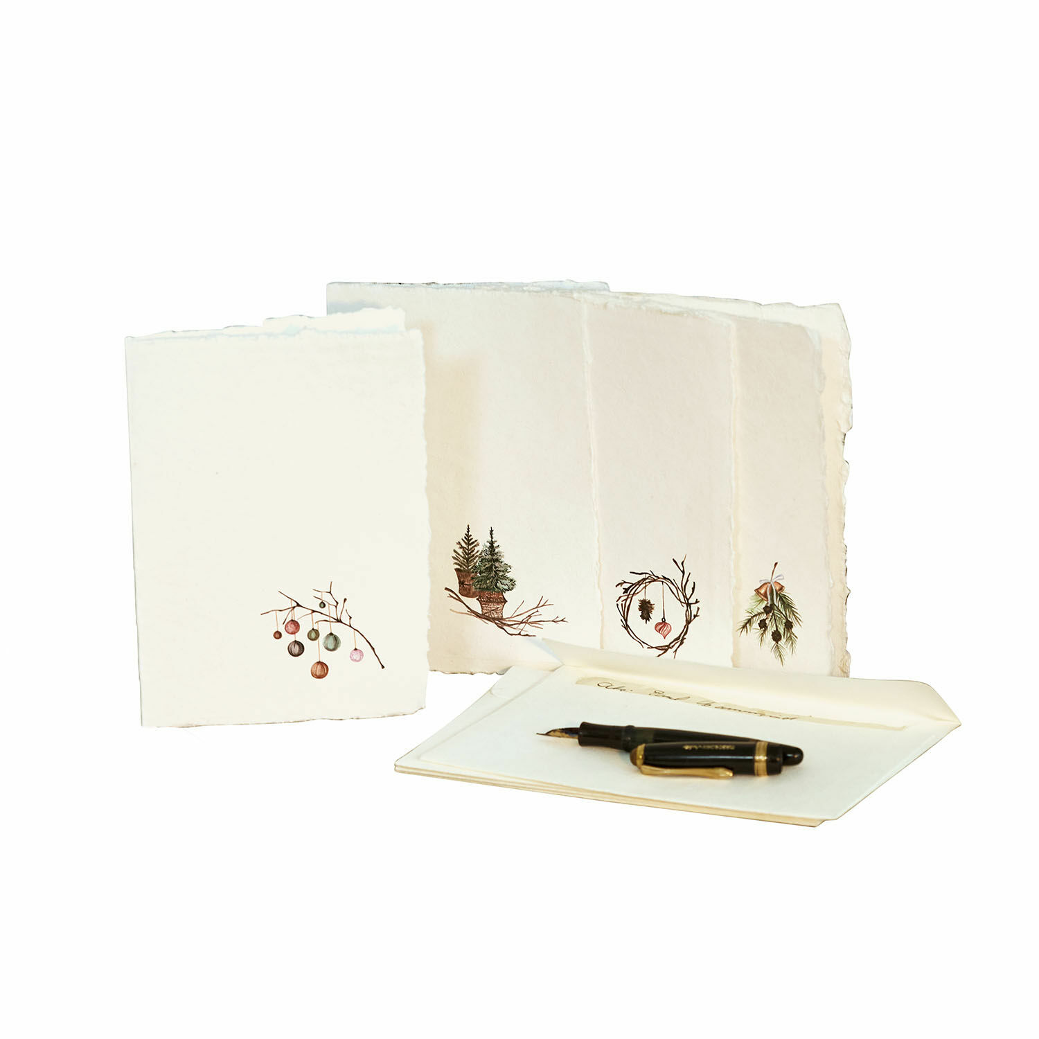 Wenskaarten set van 4 Velorine Set wenskaarten van natuurlijk papier met plantenmotieven en zwarte vulpen om te schrijven