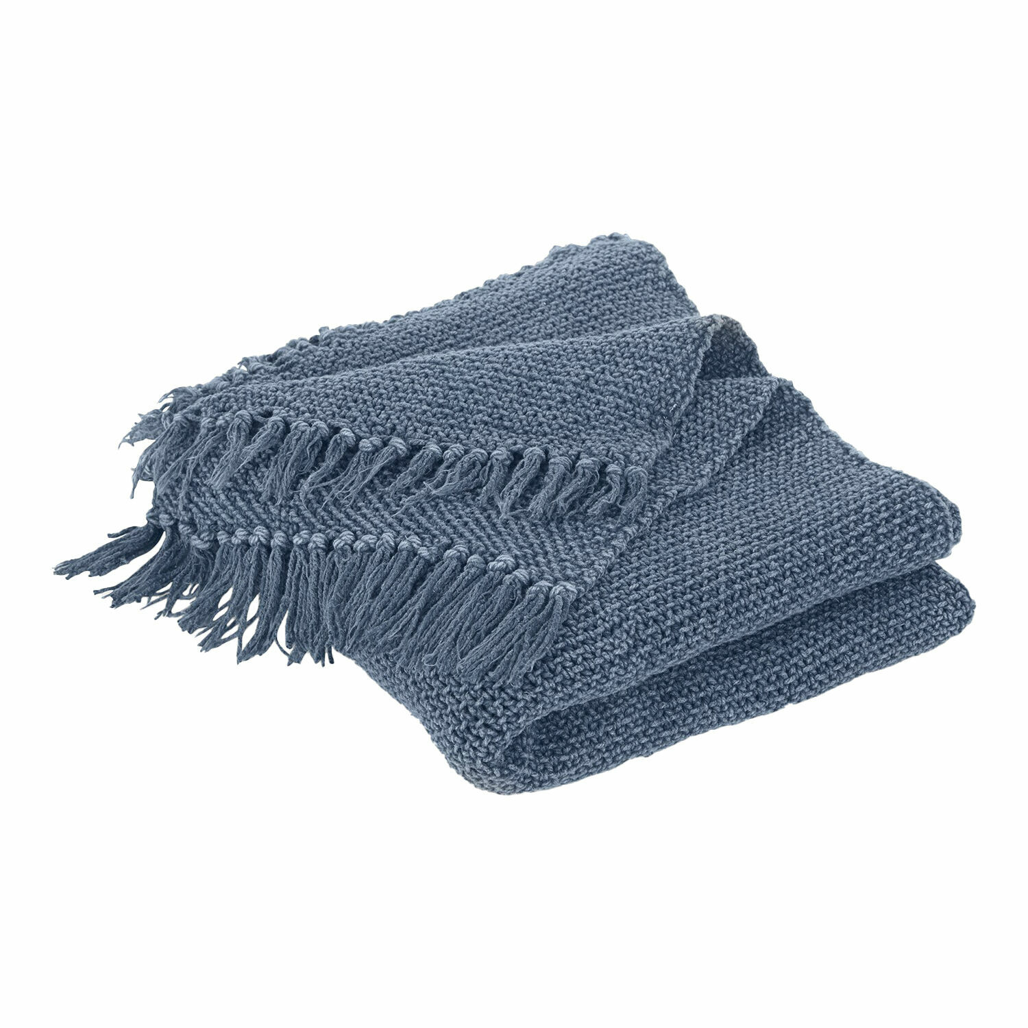 blauw Blauwe Kendall plaid van zachte gebreide stof met franjes, perfect voor decoratie en warmte