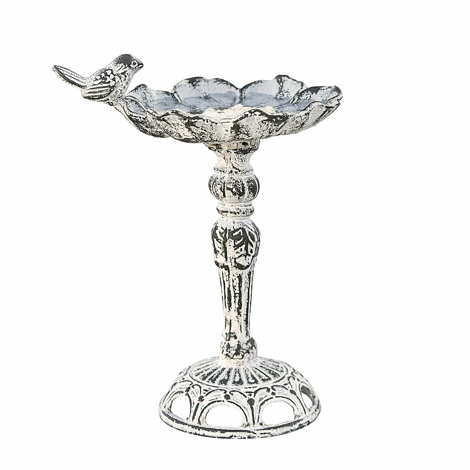 Vogeldrinkschaal Petrofani Witte metalen schaal op standaard met decoratieve vogel, tuinaccessoire met verouderde look