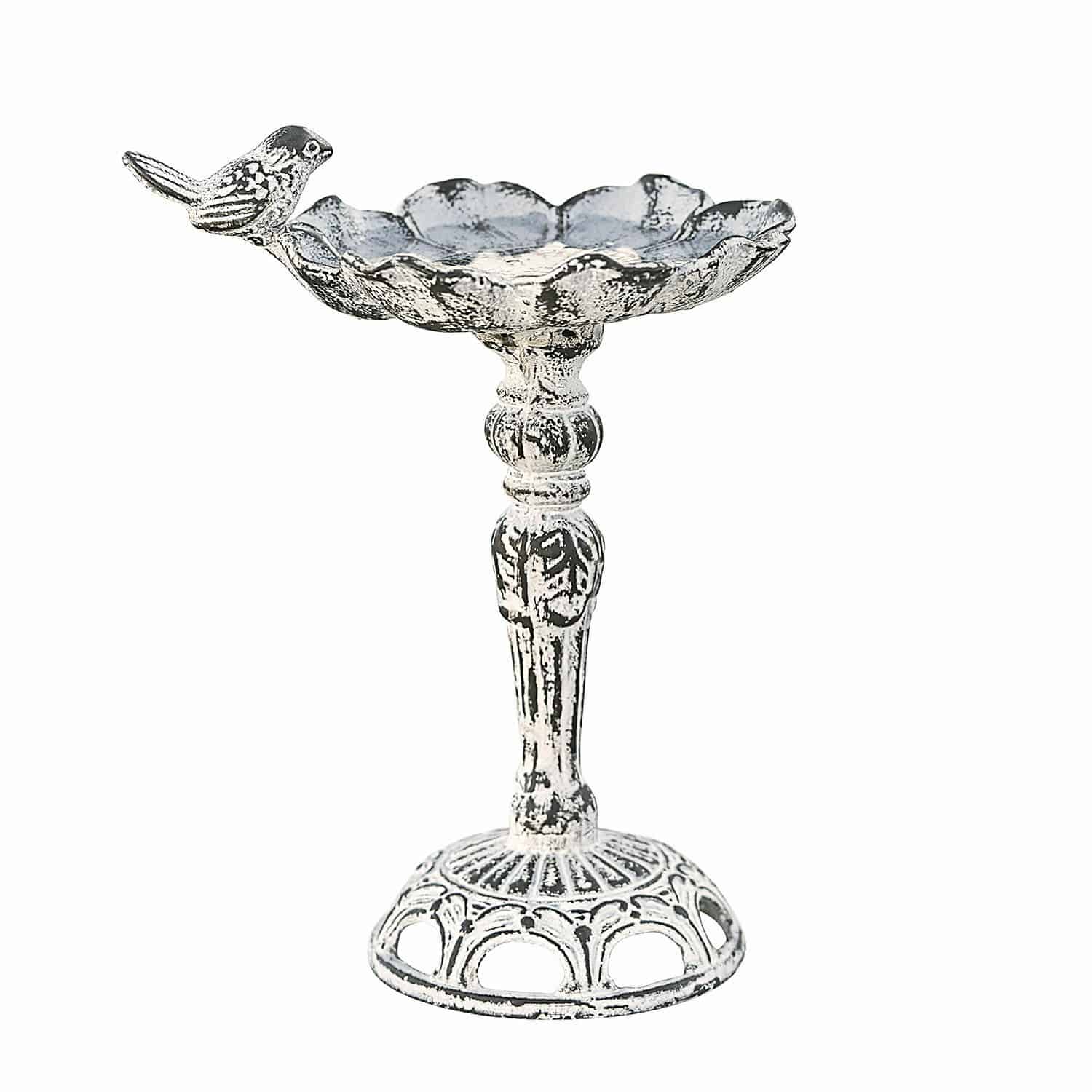Vogeldrinkschaal Petrofani Witte metalen schaal op standaard met decoratieve vogel, tuinaccessoire met verouderde look
