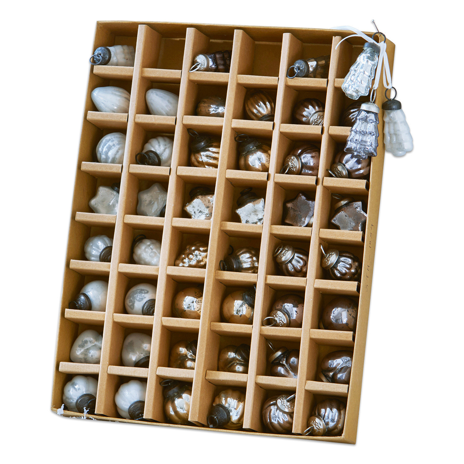 Kerstversiering set van 48 Lyla Set glazen kerstversieringen in doos, zilveren en witte vintage kerstornamenten