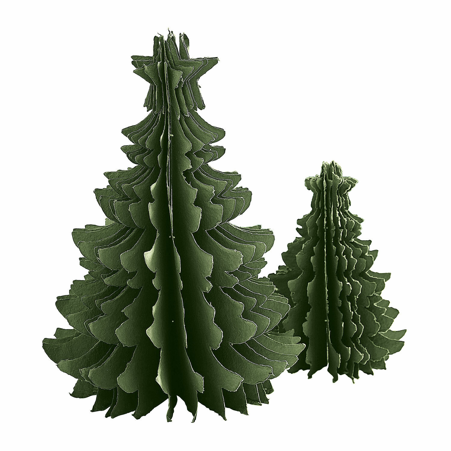 Set van 2 decoratieve kerstbomen van groen papier, feestelijke binnendecoratie