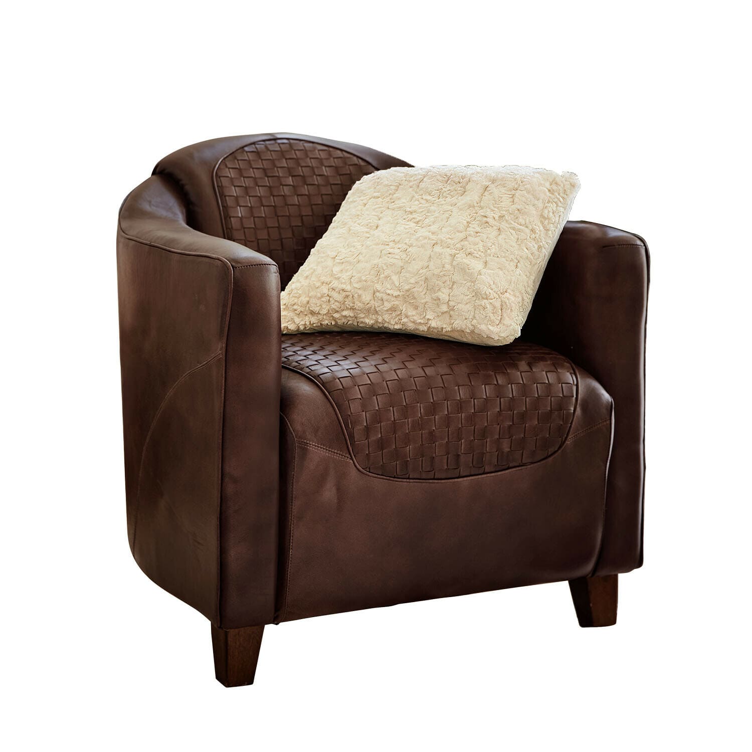 Fauteuil Westerdales Bruine leren fauteuil met gevlochten zitting en zachte crèmekleurige kussen voor woonkamer