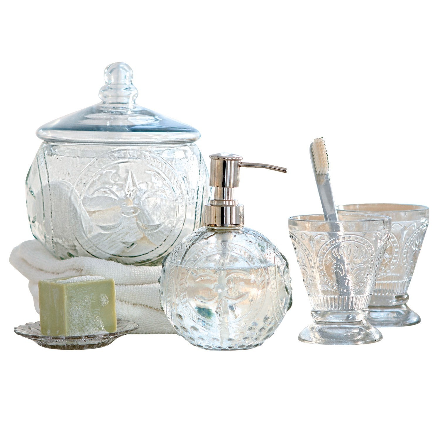 Badkamerset Luton Glazen badkamer set met pomp en pot in transparant met decoratief patroon