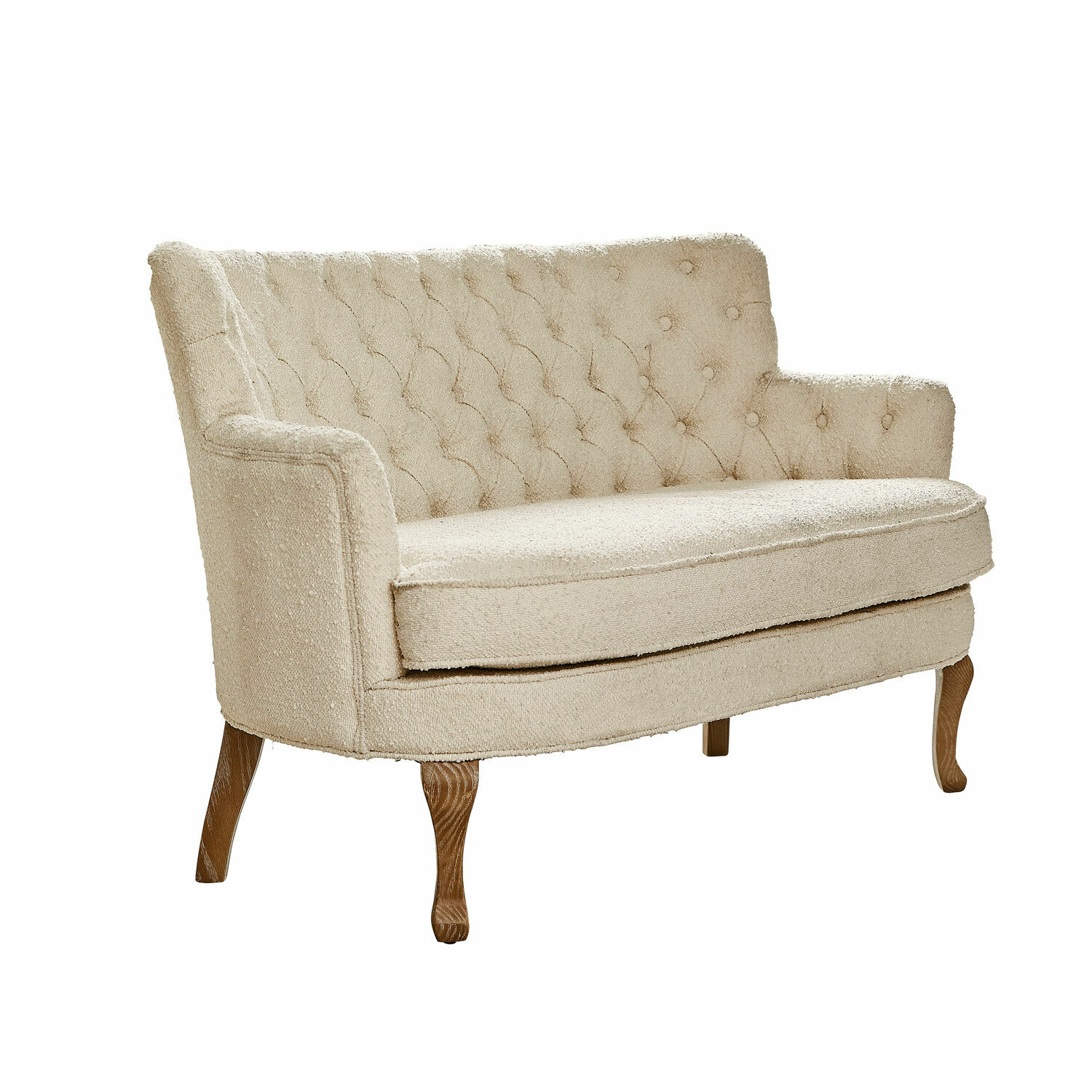 Bank Calgary Beige tweezitsbank van boucle-stof met houten poten, elegante woonkamermeubel