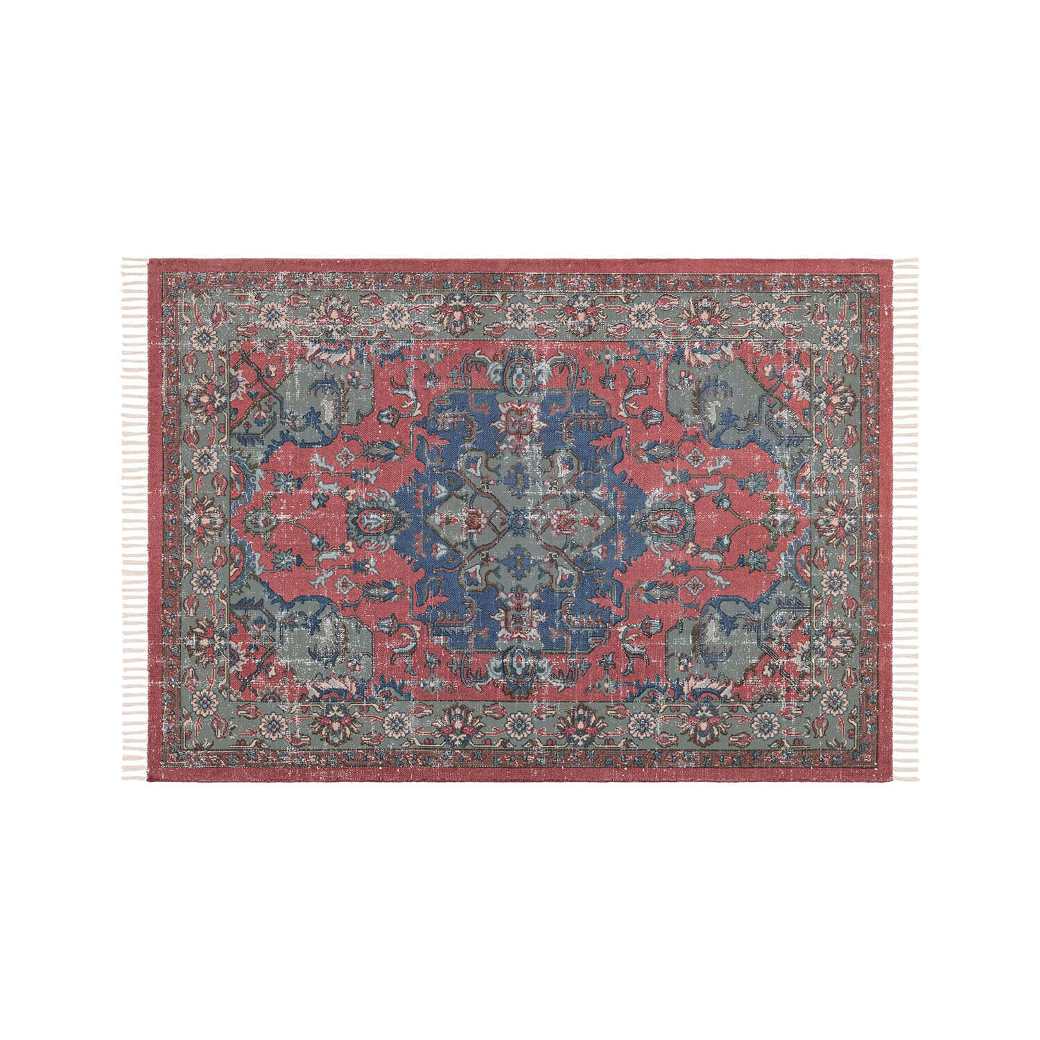 Vloerkleed Southampton Oosterse vloerkleed in rood, blauw en groen met franjes, stijlvolle woondecoratie