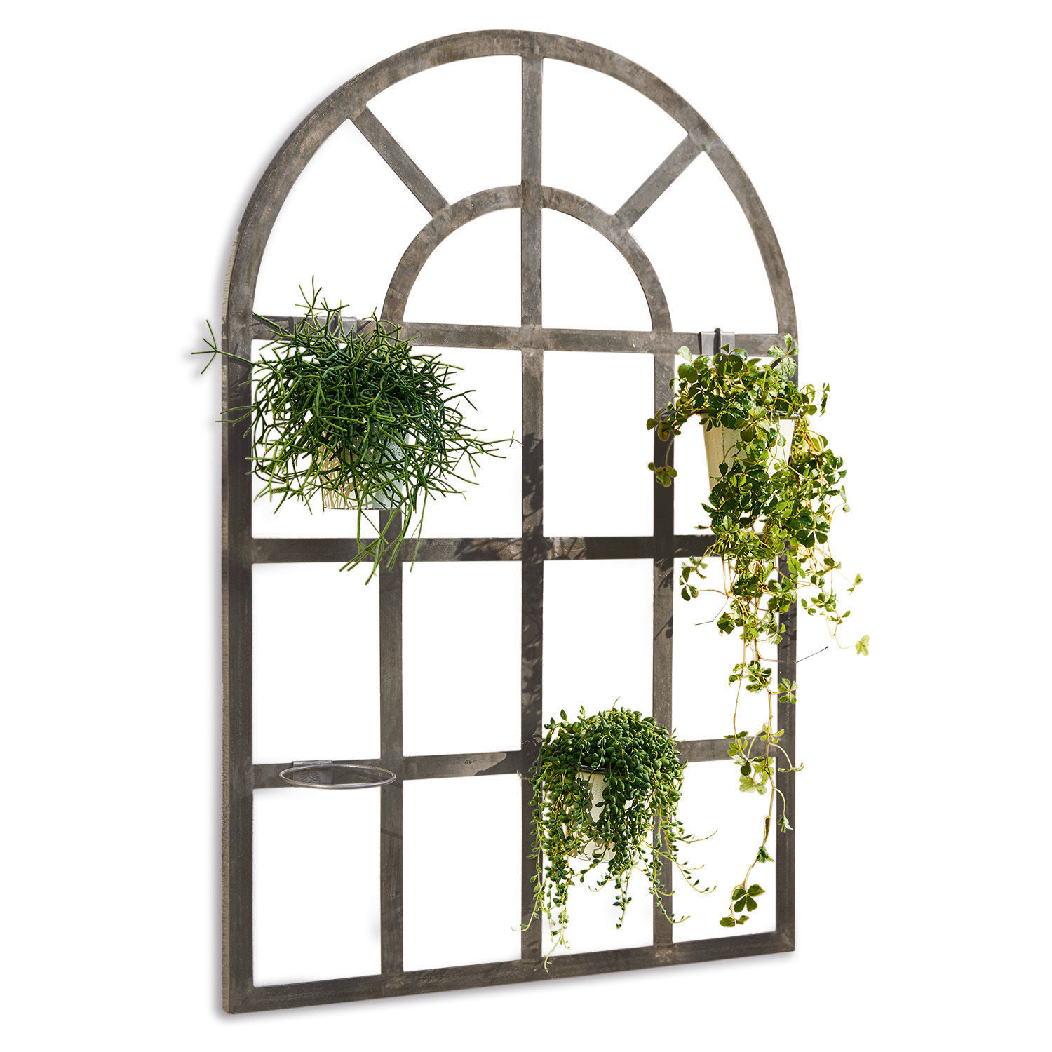 Plantenrek Villandor Grijze metalen wanddecoratie in raamvorm met plantenhouders, geschikt voor binnen en buiten