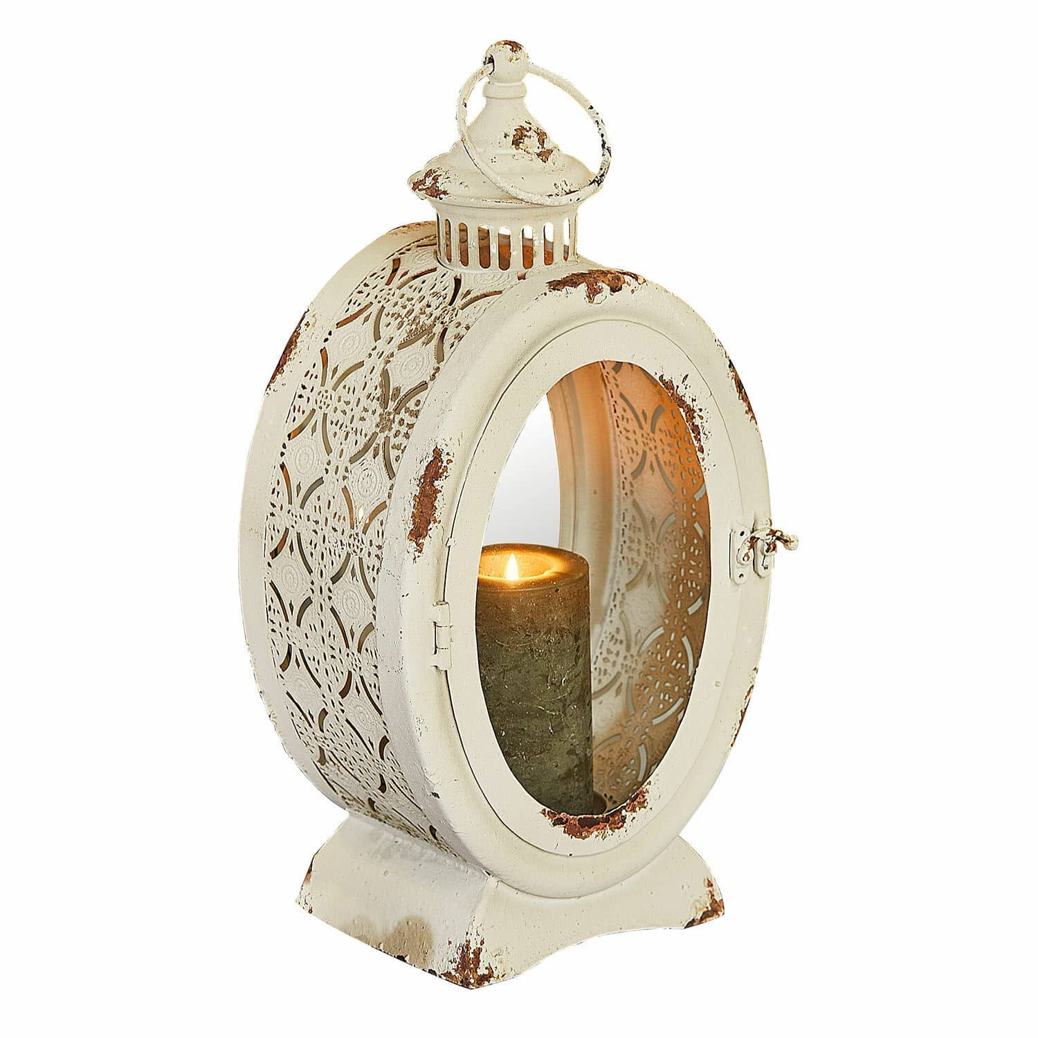 Lantaarn Sublimelle Decoratieve metalen lantaarn in crèmekleur met opengewerkt patroon en verouderd effect voor sfeerverlichting