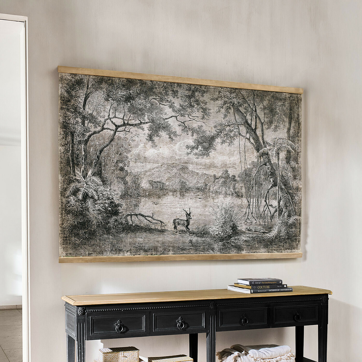 Afbeelding Cressley Wanddecoratie met zwart-wit landschap en hert, stijlvolle woondecoratie