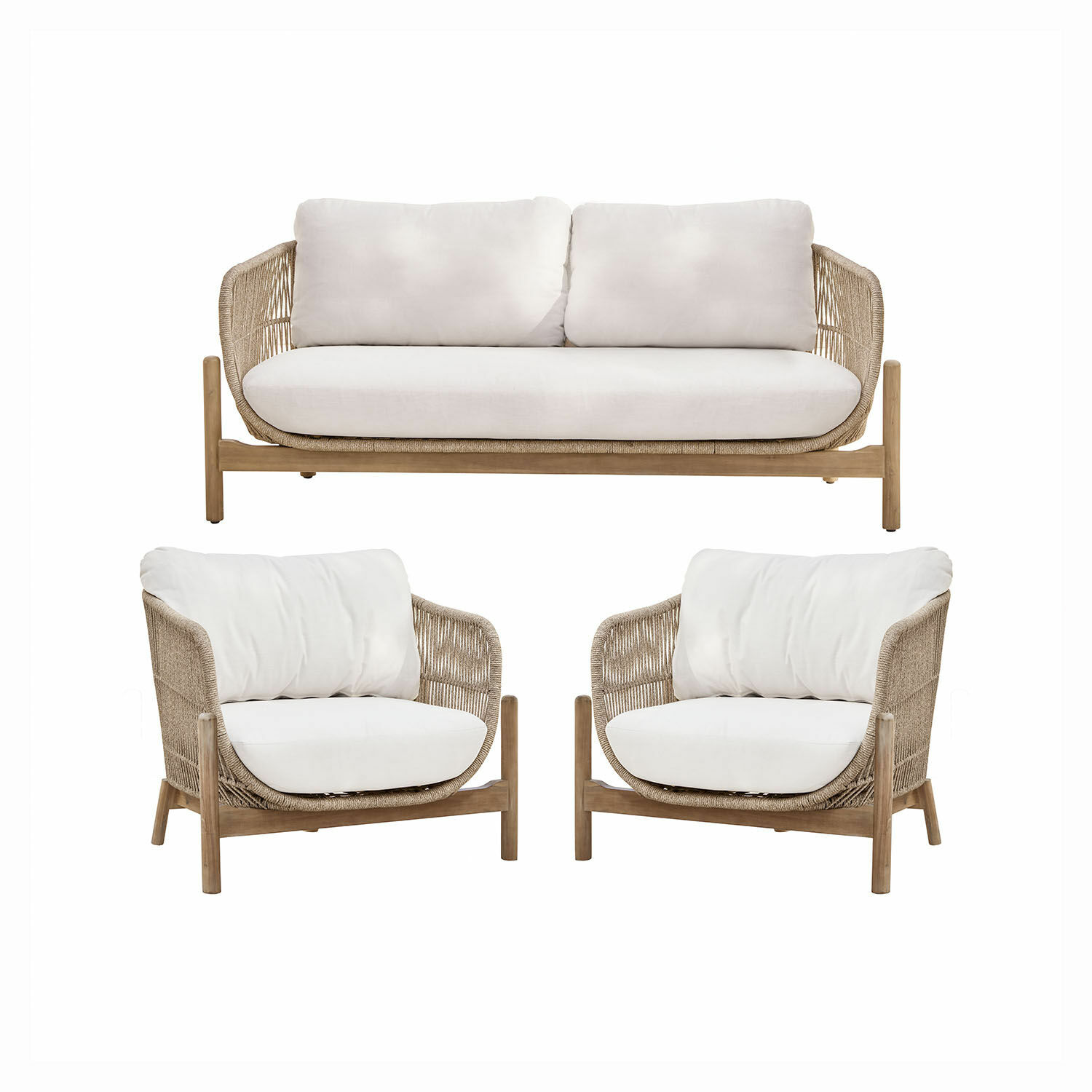 Tuinset FSC®-100% Belvidere Zitmeubelset van beige rattan met lichtbeige kussens en natuurlijk houten frame