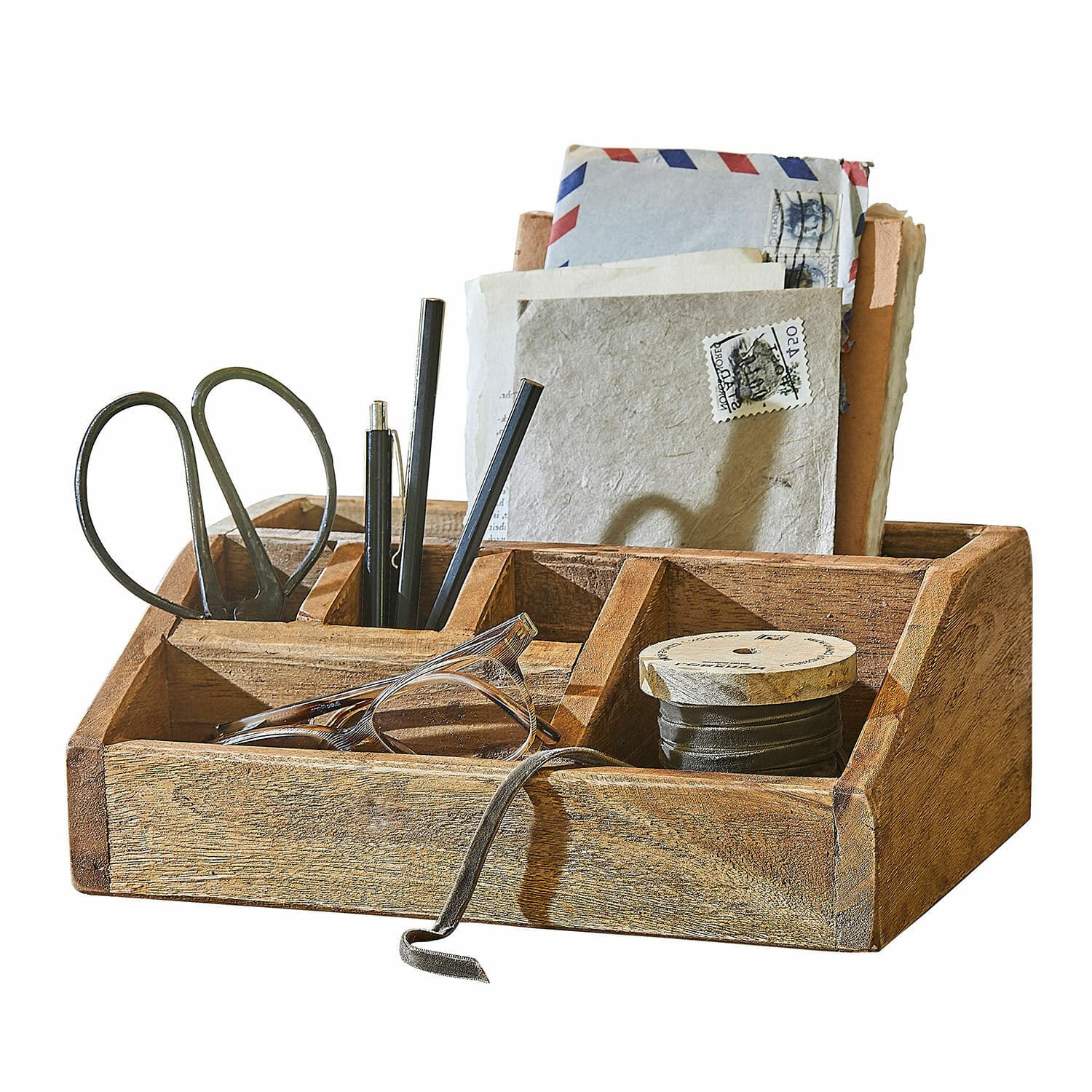 Organizer Norile Houten bureau-organizer met vakken voor schaar, pennen, bril en brieven, natuurlijke kleur