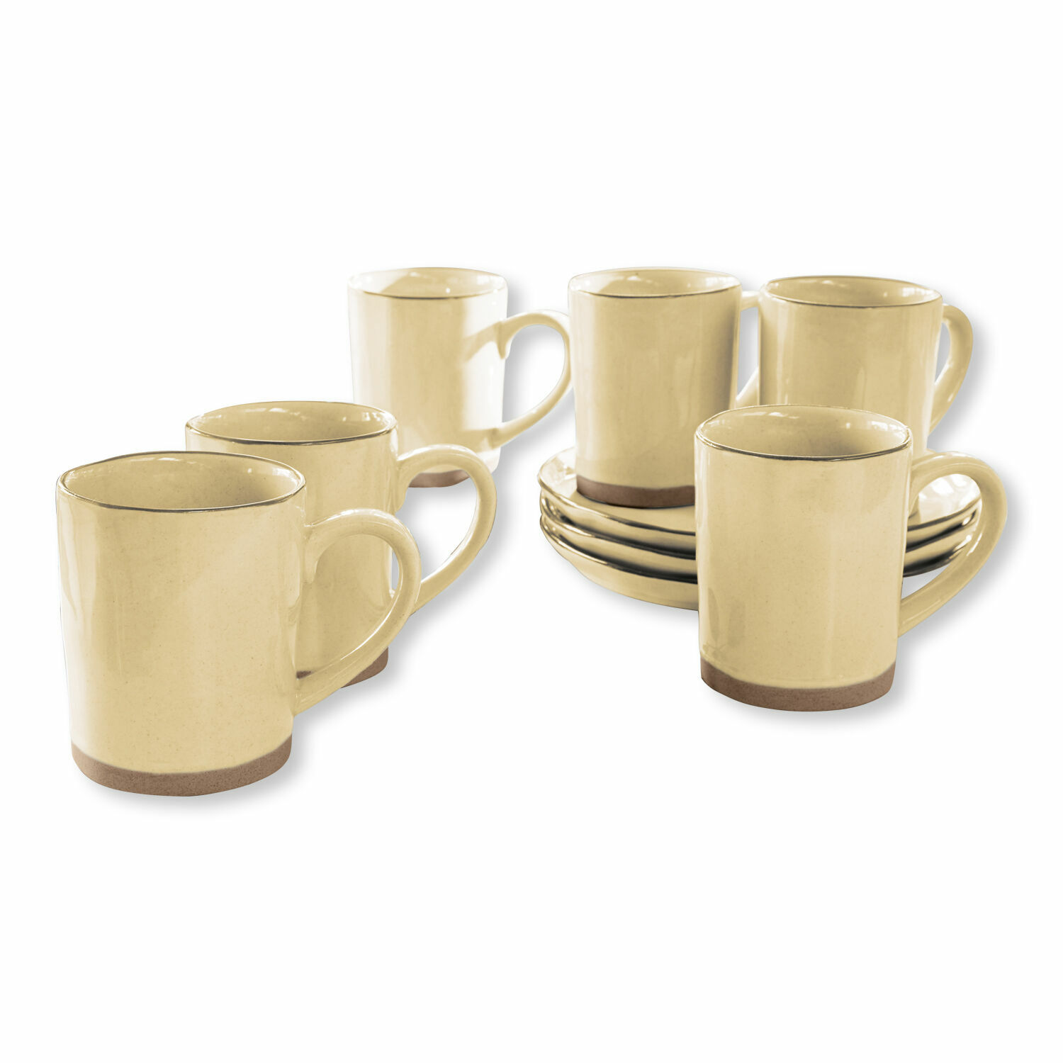 Set van zes crèmekleurige keramische mokken met bruine bodem voor koffie of thee