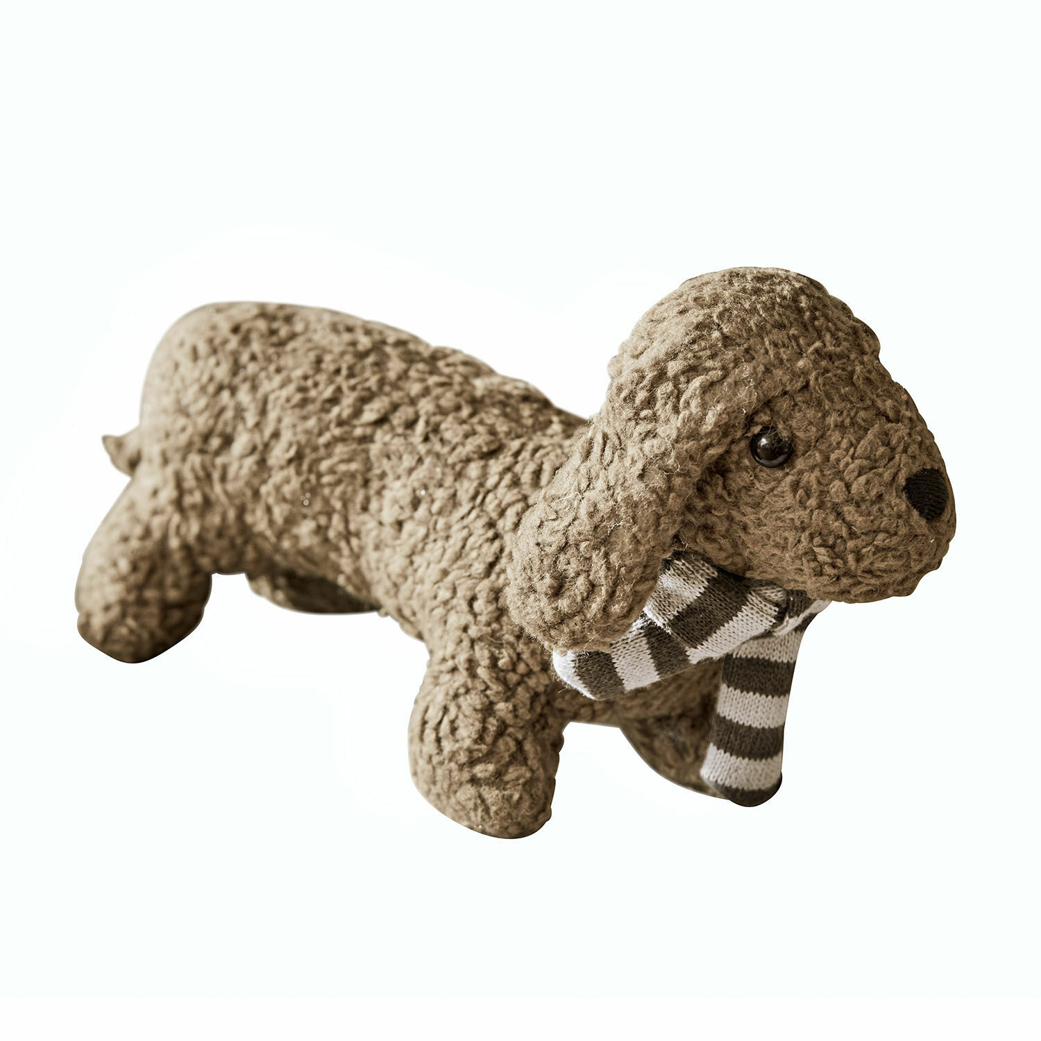 Knuffeldier met rammelaar Frolicks Bruine pluchen hond van zacht materiaal met grijs-witte gestreepte sjaal, woondecoratie