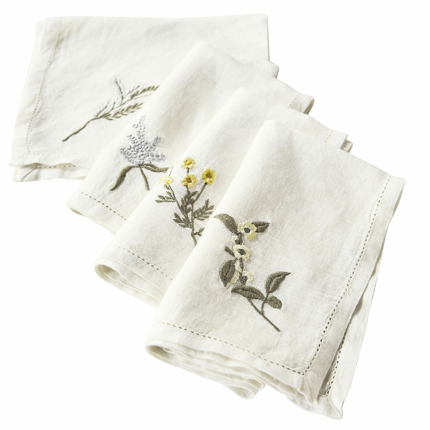 Servet set van 4 Lentilly Set witte linnen servetten met natuurlijke bloemenborduursels, elegante tafeldecoratie
