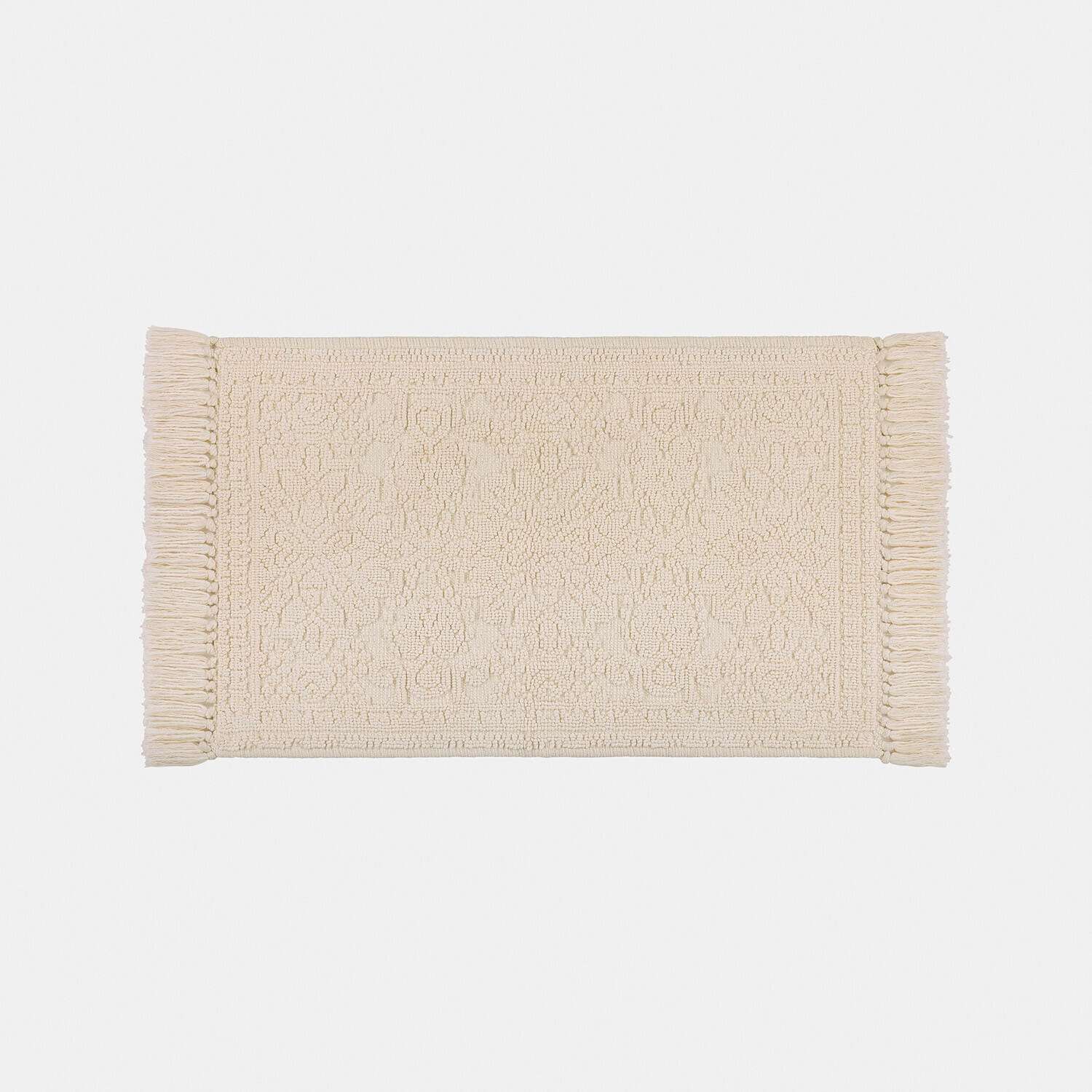 Beige katoenen vloerkleed met franjes en fijn patroon, zacht en decoratief voor thuis