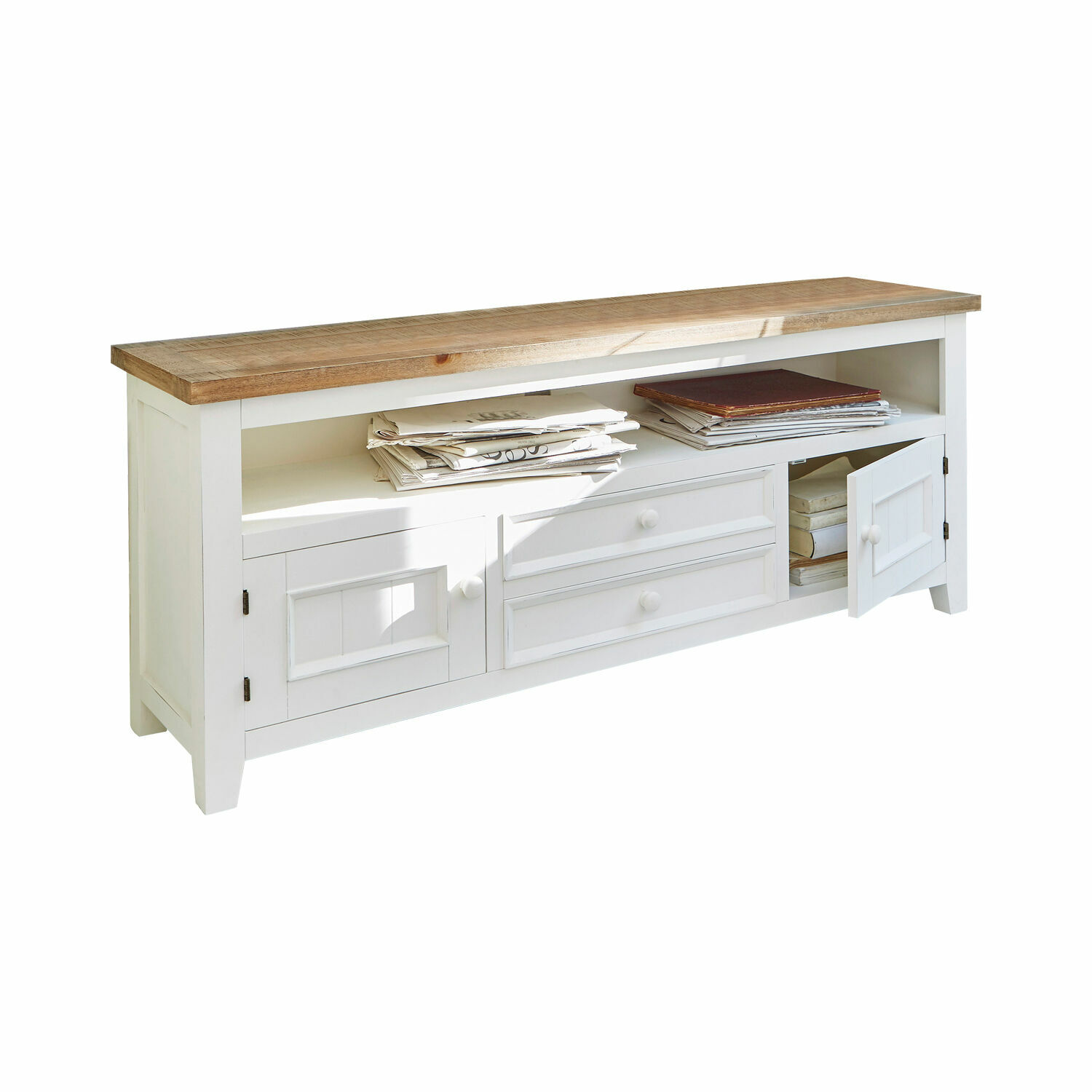 Witte houten kast met planken en lades, bovenblad van natuurlijk hout, praktisch opbergmeubel