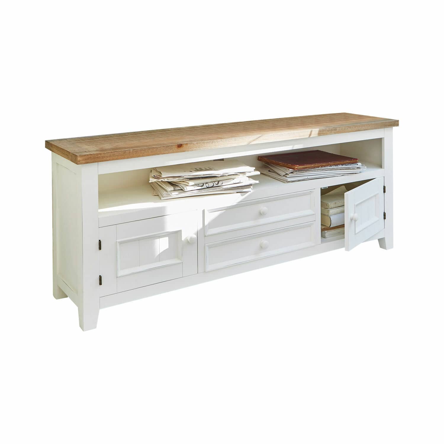 Sideboard Yukon Witte houten kast met planken en lades, bovenblad van natuurlijk hout, praktisch opbergmeubel