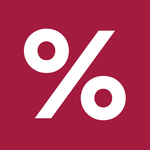 Wit procentteken op bordeauxrode achtergrond als symbool voor kortingen bij Loberon