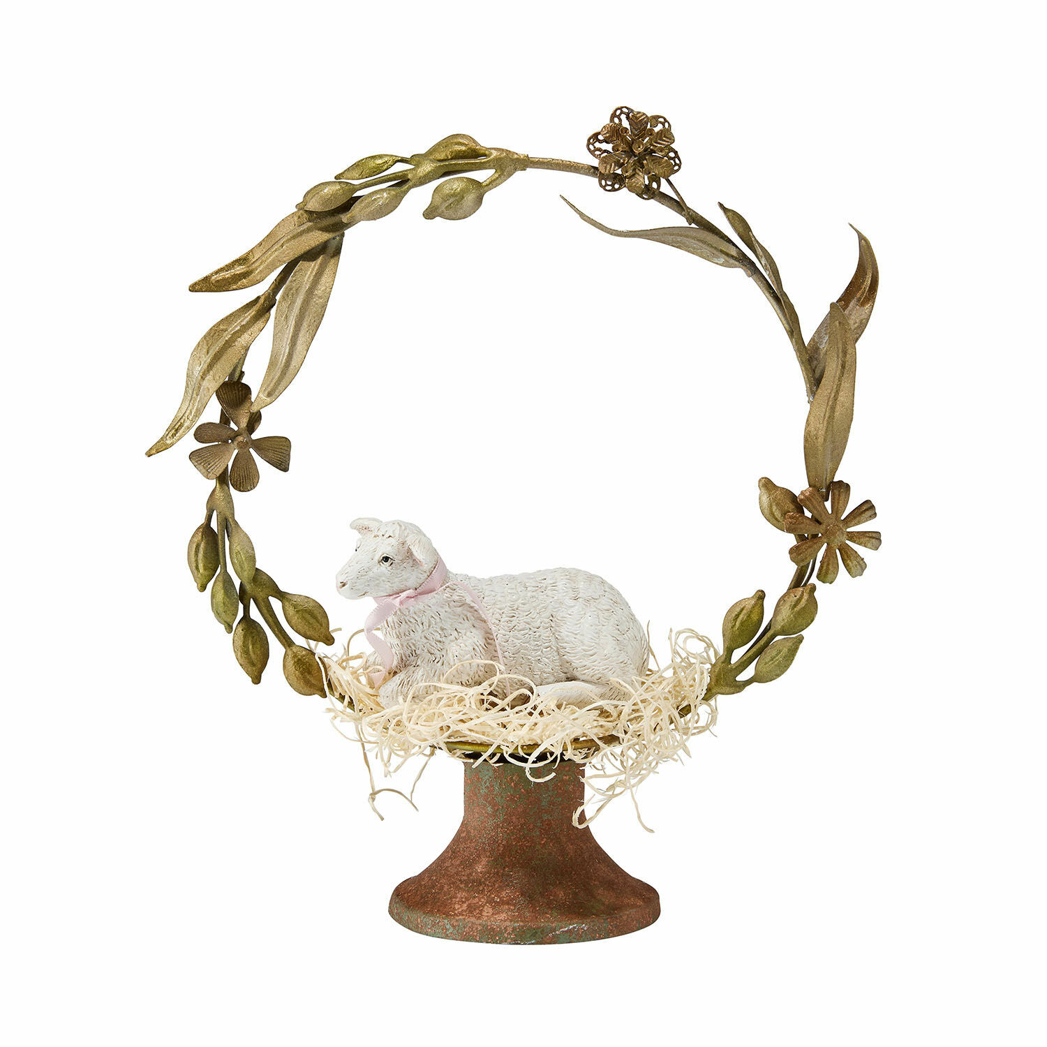 Sierobject Jorilev Decoratief schaapfiguurtje op metalen voet met groene bladeren en bloemen, lentebehang