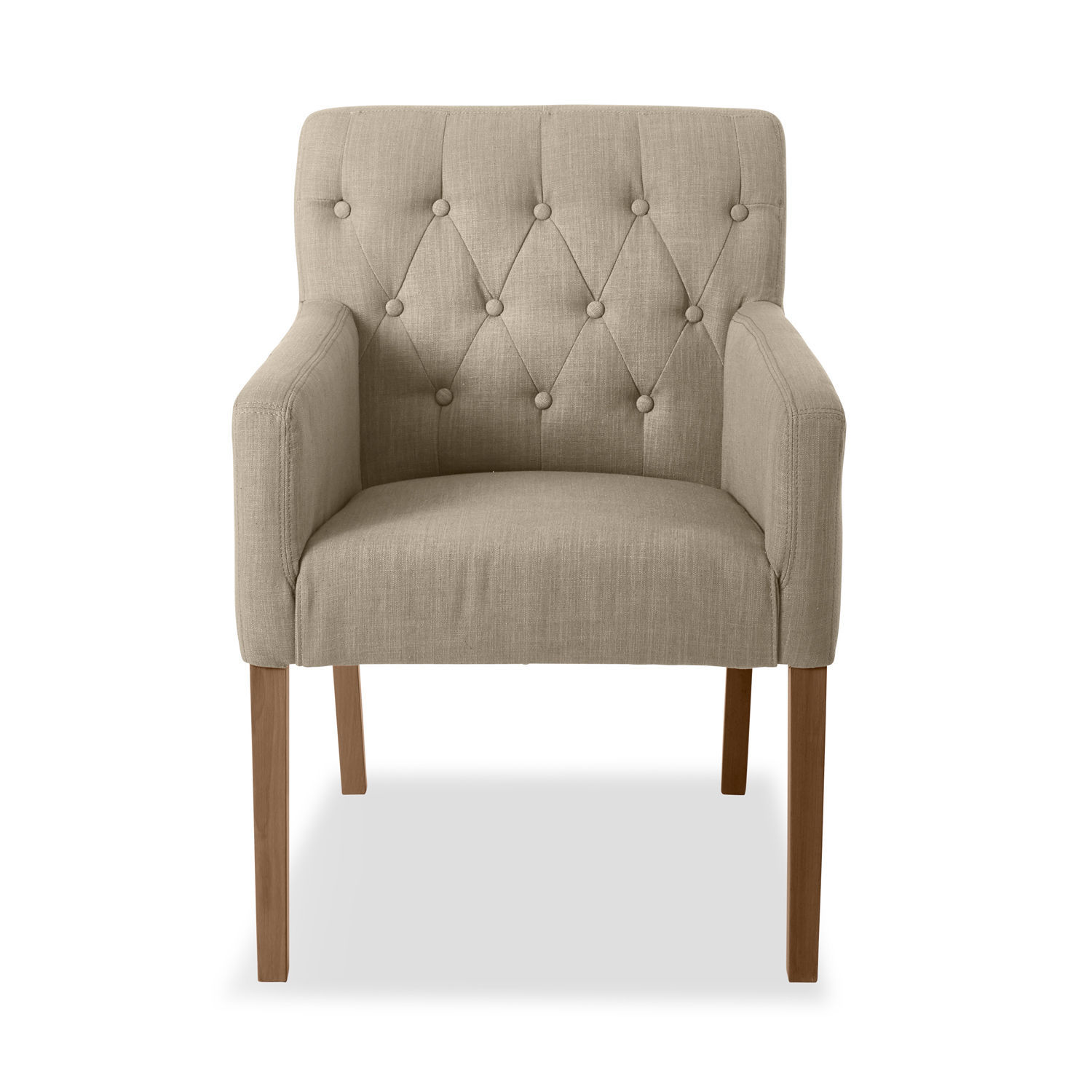 Betterton stoel met beige linnen bekleding en houten poten, comfortabele woonkamerstoel