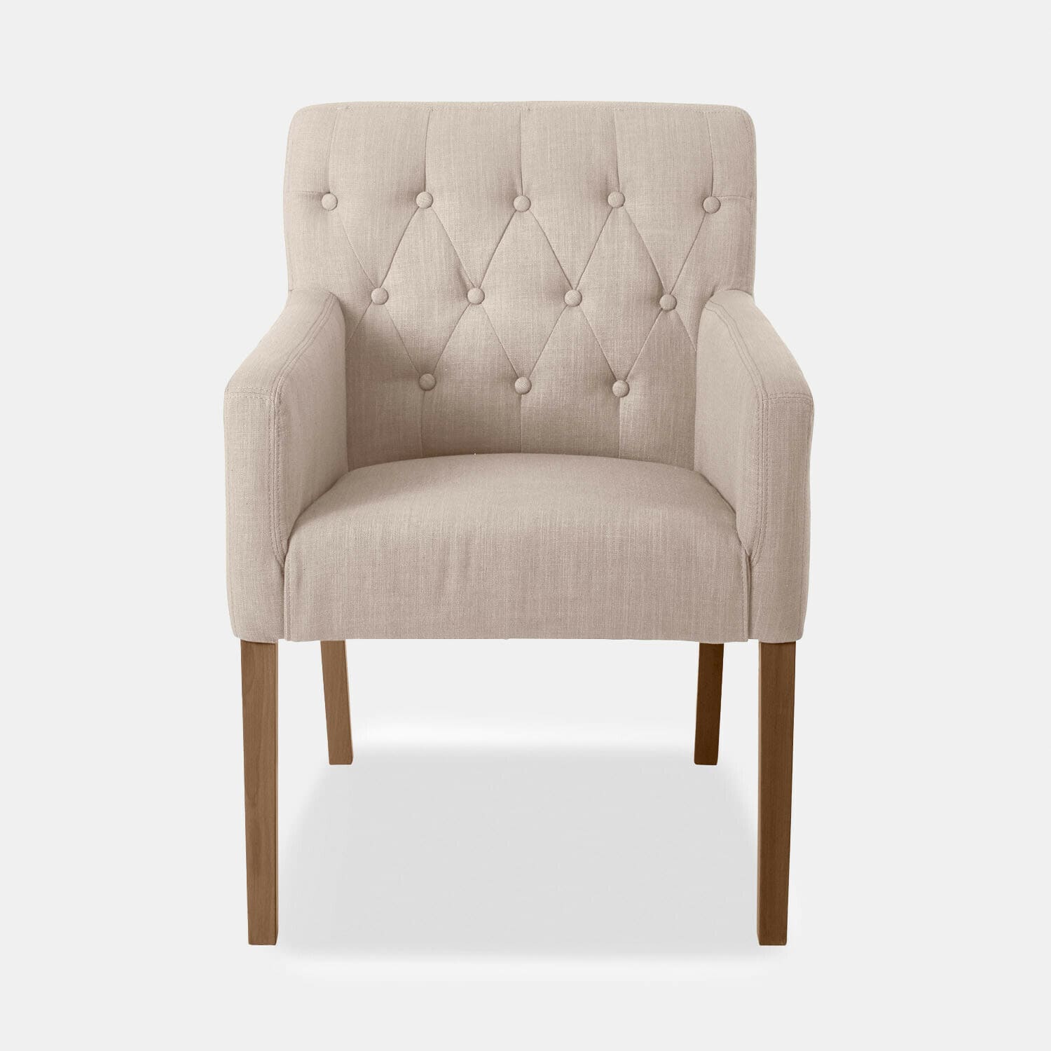 Betterton stoel met beige linnen bekleding en houten poten, comfortabele woonkamerstoel