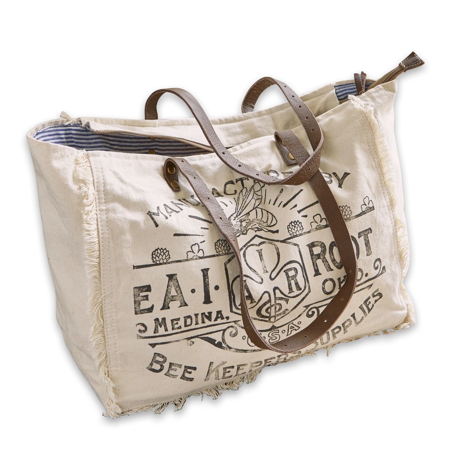 Tas Cloe Beige katoenen tas met bruine leren hengsels en bijenprint, praktische boodschappentas