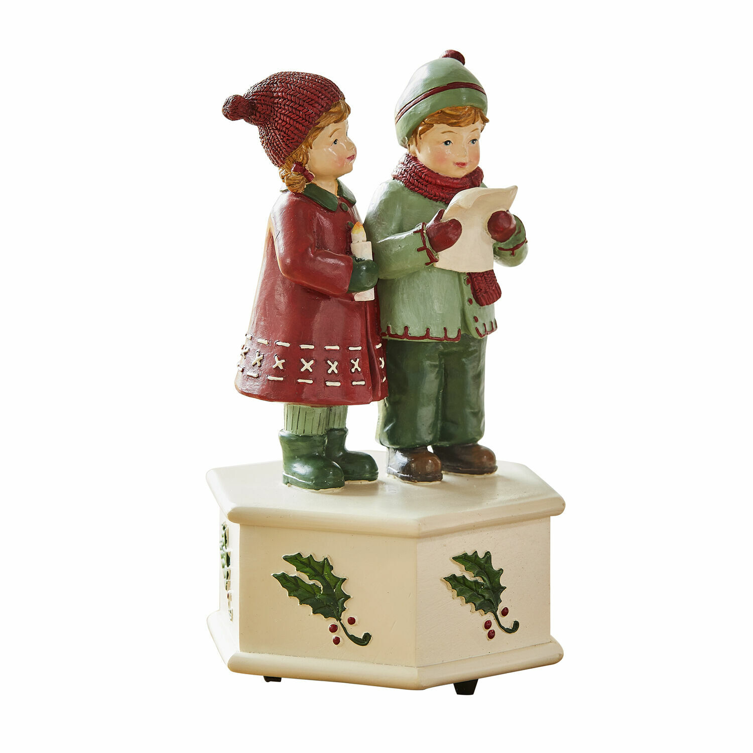 Beeldje van zingende kinderen op crèmekleurige basis met hulstmotief, kerstdecoratie