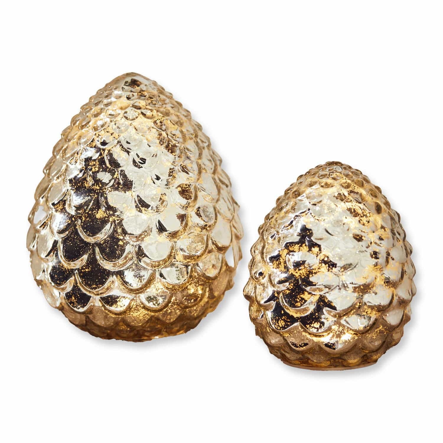 Led-dennenappel set van 2 Ibaque Twee decoratieve gouden glazen dennenappels met schubbenstructuur als woondecoratie